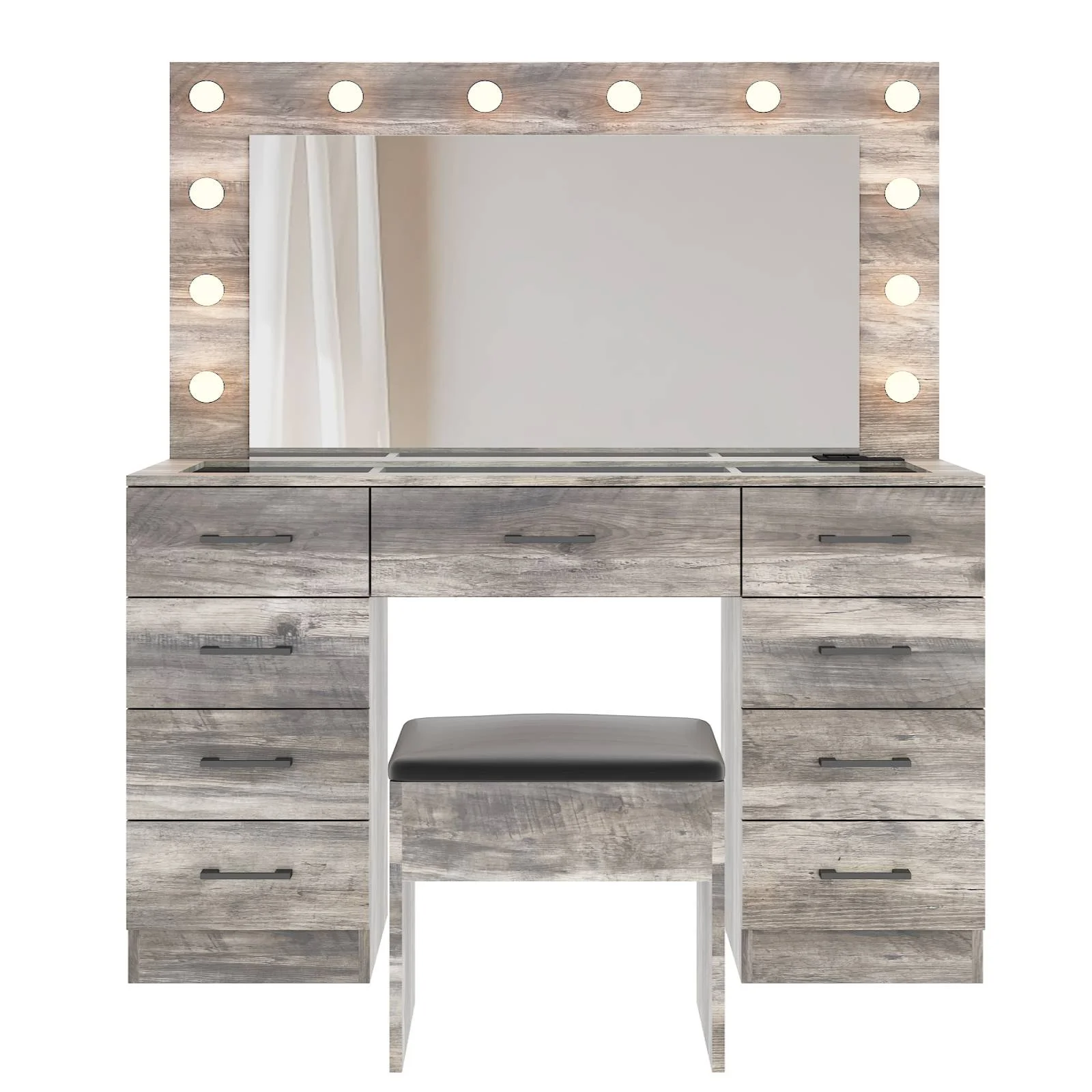 Ktaxon Large Makeup Vanity, Vanity Table Set w/ Visible Glass Top w/ Charging Station, White - Image 101