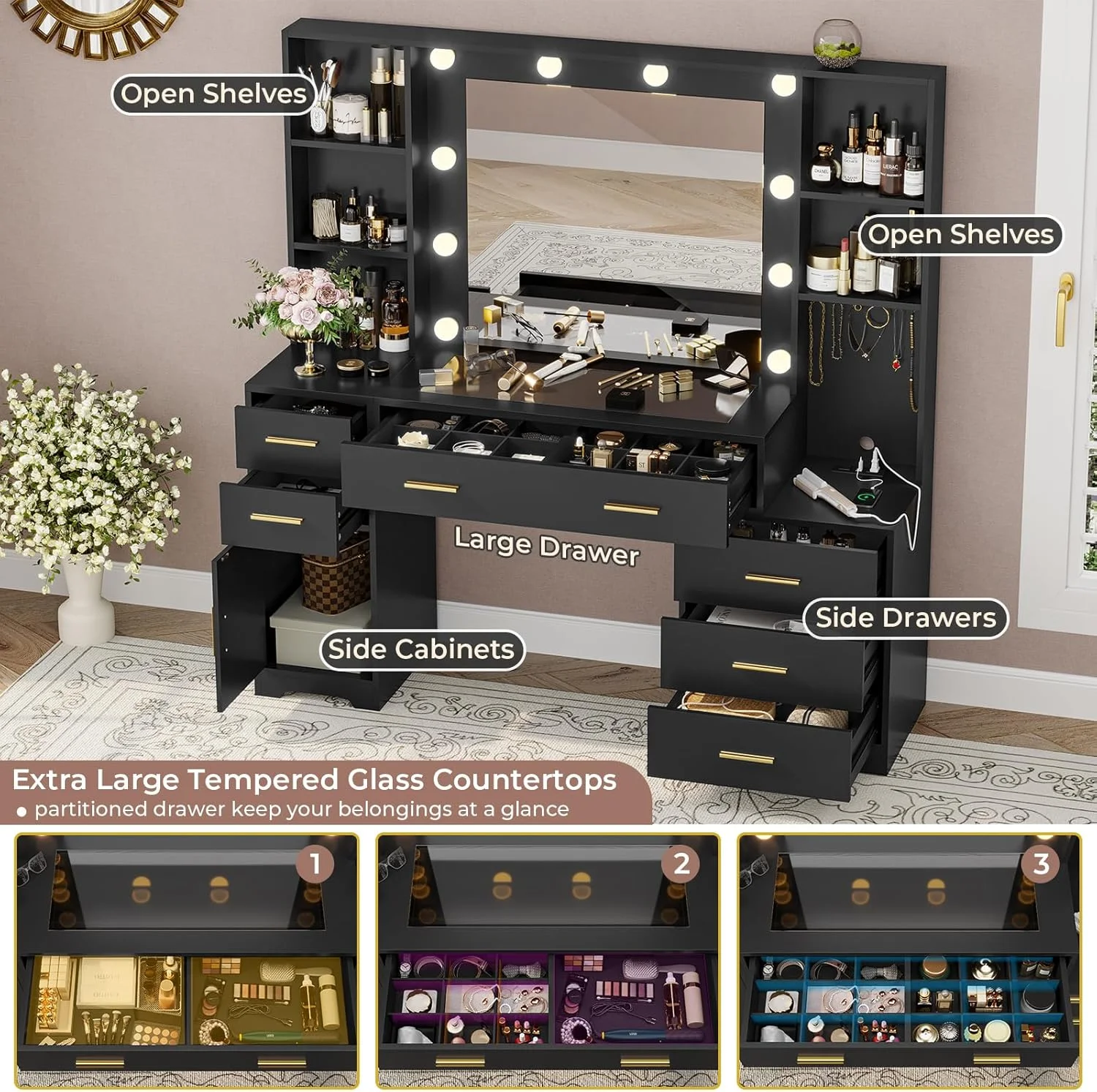 Makeup Vanity Desk with Lighted Mirror & Charging Stations & 6 Drawers Large Vanity Table Bedroom Dressing Table with Glass Tabletop&Side Cabinet&Glass Tabletop, Black - Image 6