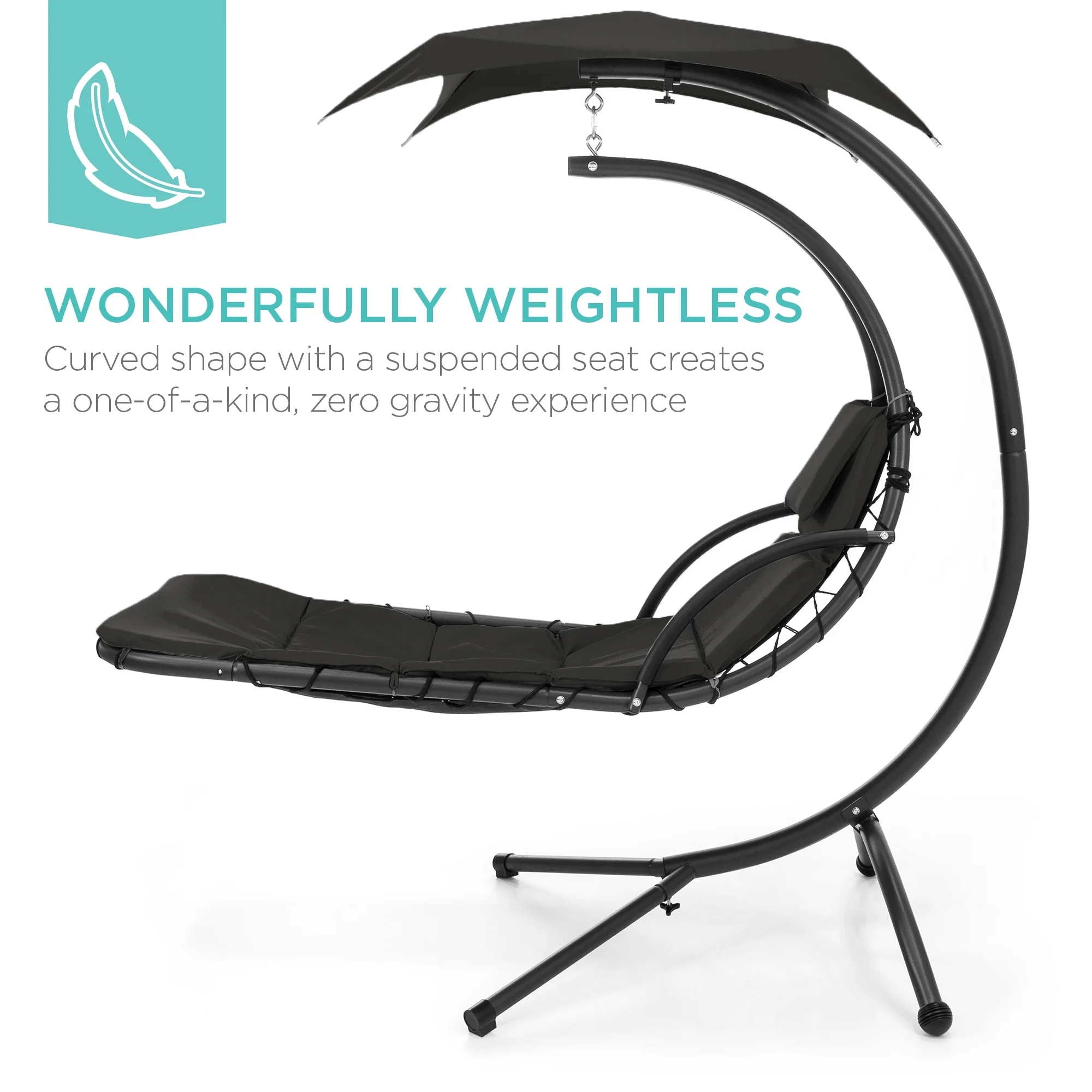 Best Choice Products Hanging Curved Chaise Lounge Chair Swing for Backyard, Patio w/ Pillow, Shade, Stand - Teal - Image 91