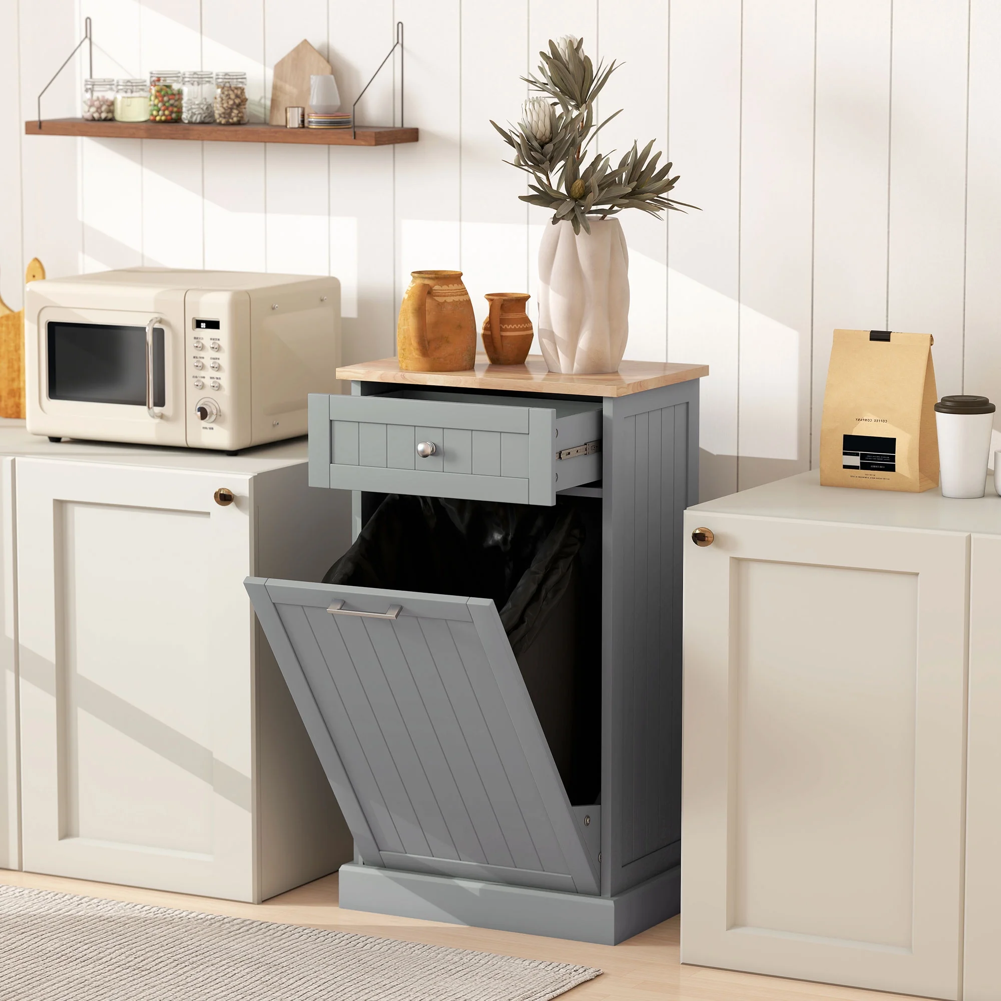 HOMCOM Kitchen Tilt Out Trash Bin Cabinet, Free Standing Recycling Cabinet - Image 21