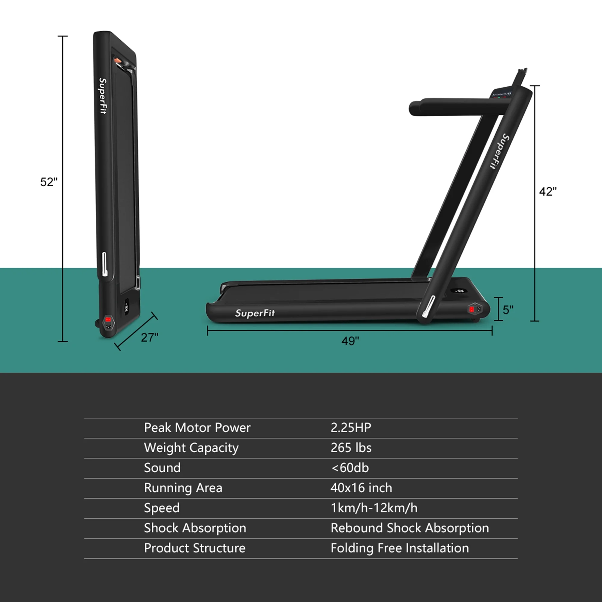 Gymax 2 in 1 Folding Treadmill 2.25HP Running Machine w/ Dual Display APP Control Black - Image 2
