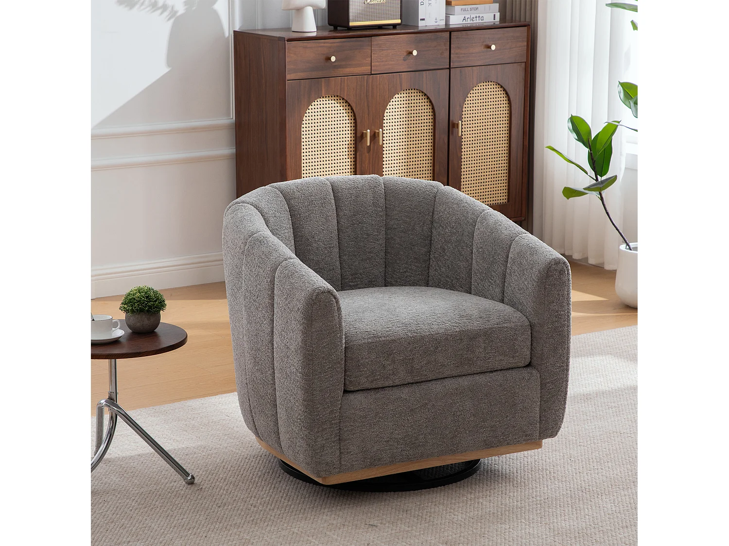 Fauteuil pivotant 360° en chenille gris avec base en métal - Forme de citrouille