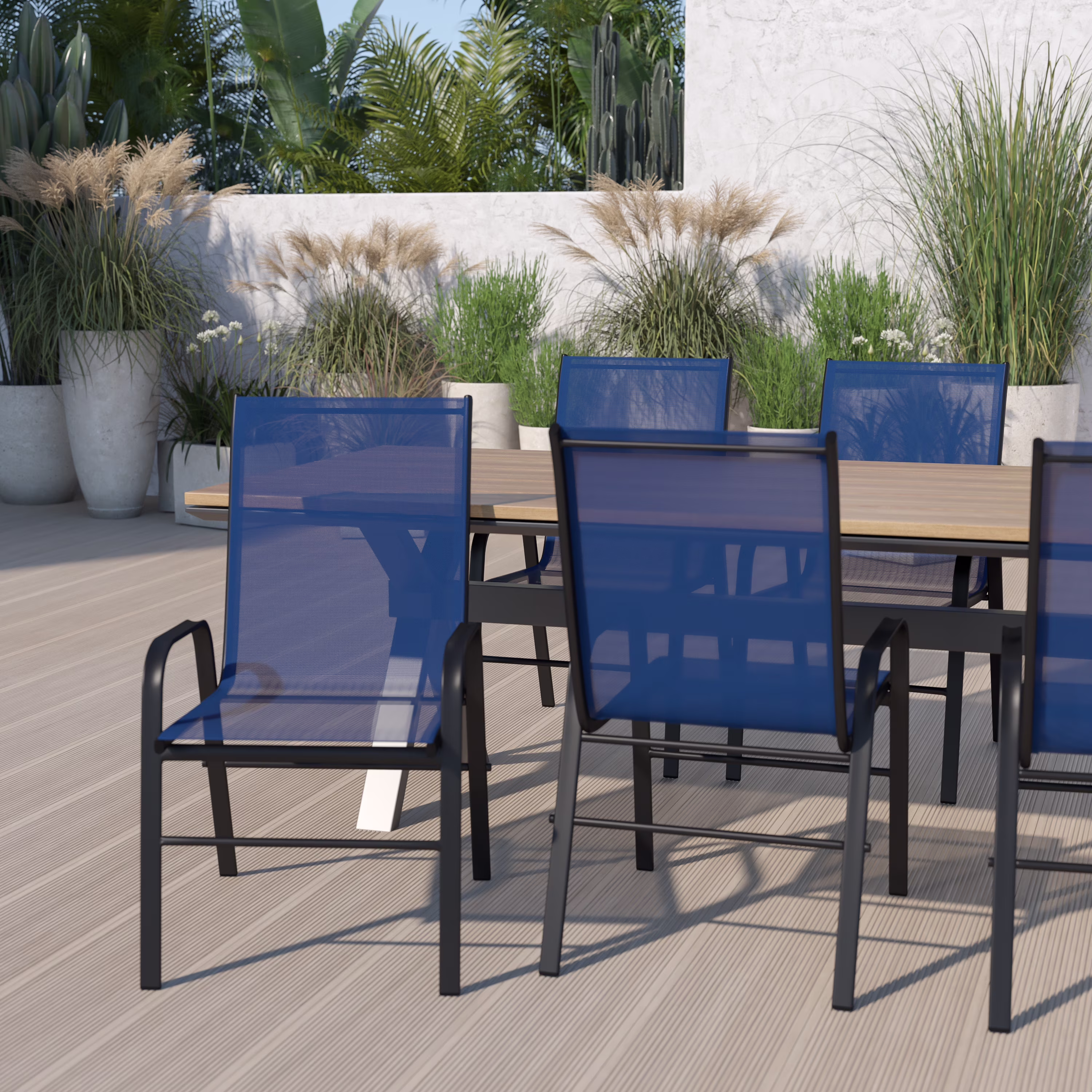 BizChair 5 Pack Black Outdoor Stack Chair with Flex Comfort Material and Metal Frame - Image 7