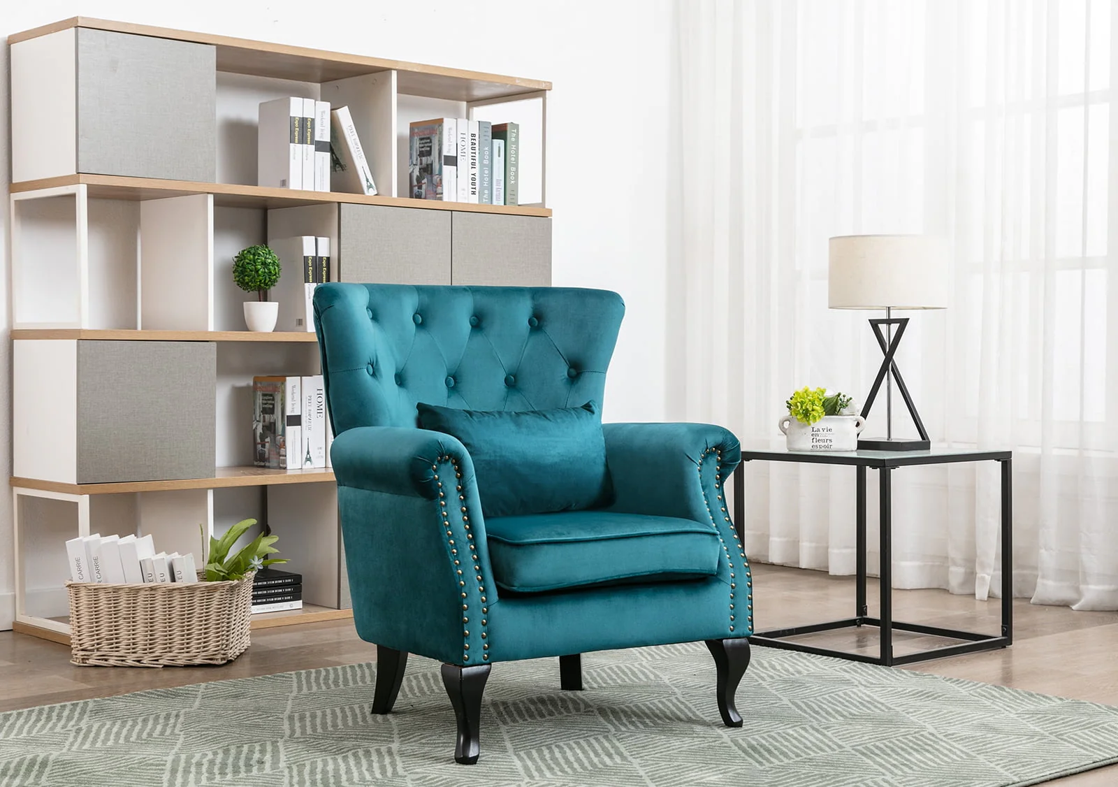 Guyou Mid Century Accent Chair Modern Button Tufted Armchair Wingback Club Chair Velvet Single Sofa Lounge Chair with Pillow for Living Room Bedroom, Teal Blue - Image 3