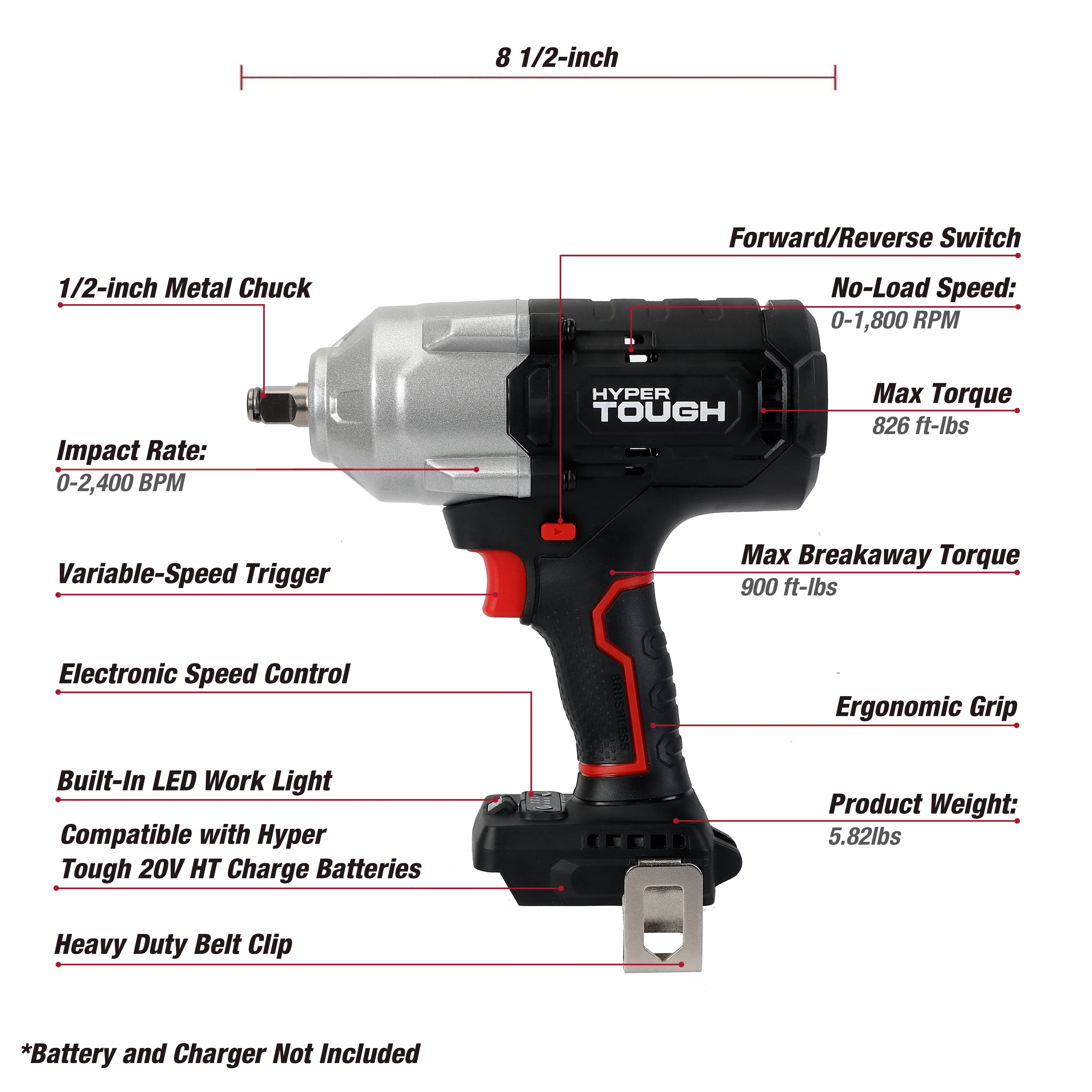 Hyper Tough 20V Max Brushless 1/2-inch High-Torque Cordless Impact Wrench with 4.0Ah Lithium-Ion Battery and Charger - Image 18