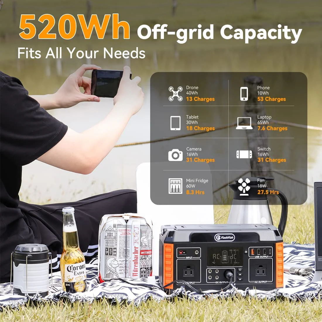 Flashfish 560W Portable Power Station, 520Wh/140400mAh Solar Generator for CPAP Machine Outdoor RV/Van Camping Blackout Emergency - Image 2
