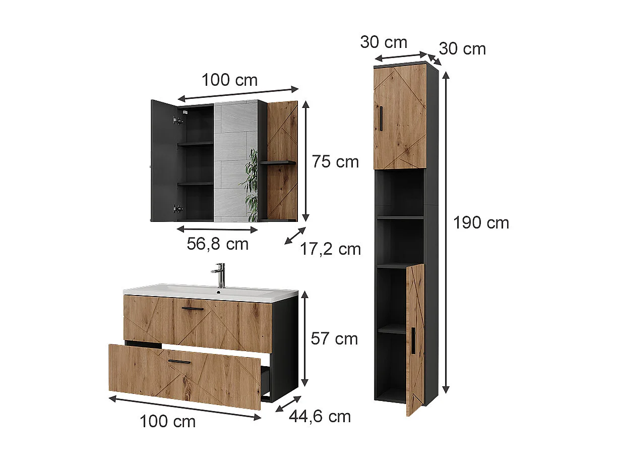 Ensemble de meubles de salle de bains anthracite/chêne de force doré 100x44.6x57 irma
