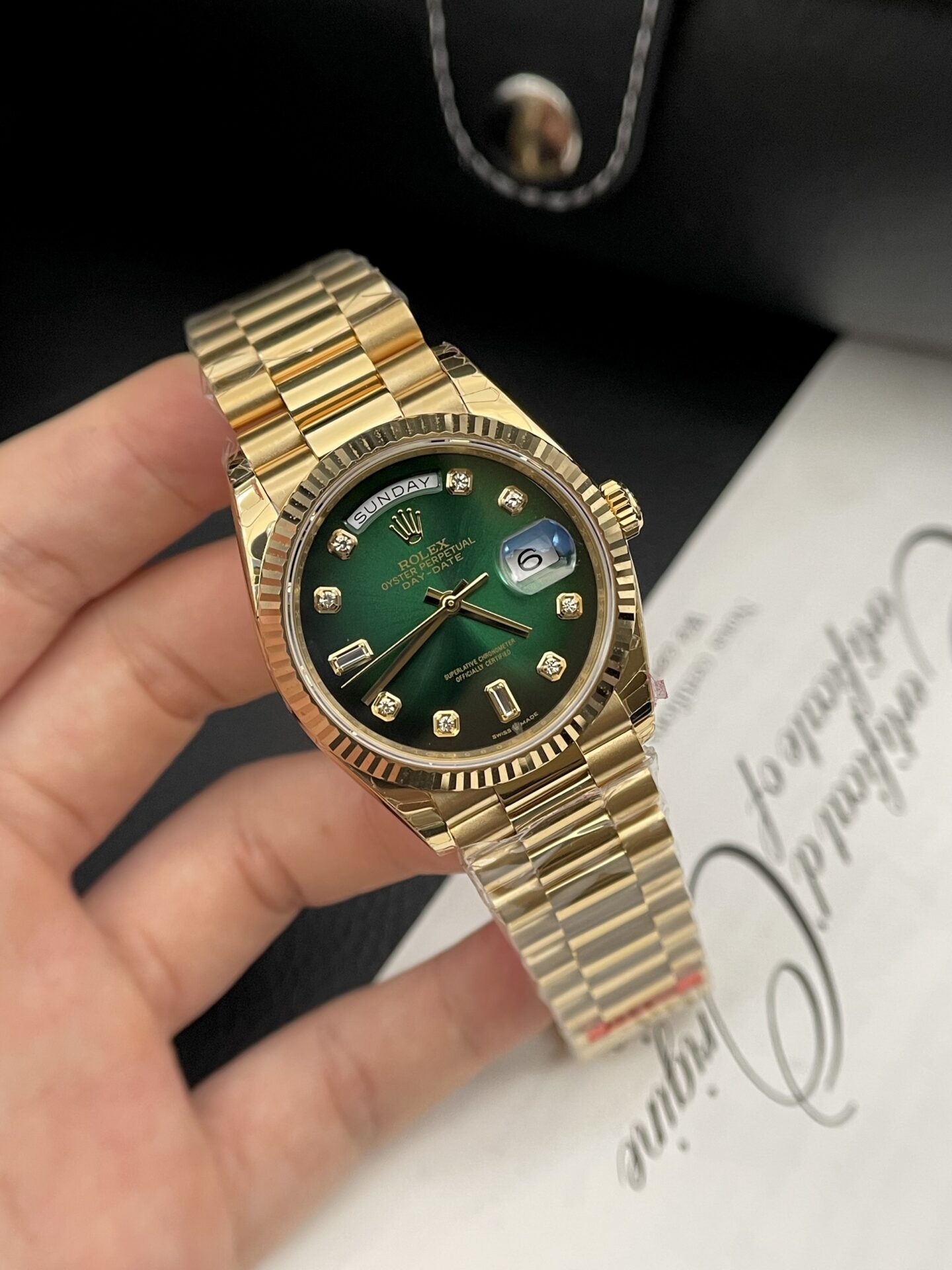 Rolex Day-Date Green Dial Gold Plated Best Replica Watch EW Factory 36mm - Elite Watch Atelier
