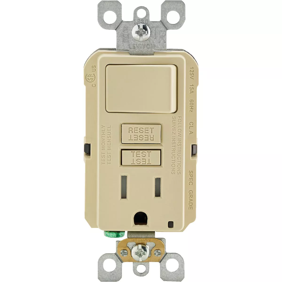 Leviton Ivory 15A Self-Test Tamper Resistant GFCI Switch & Outlet Combination With Wallplate