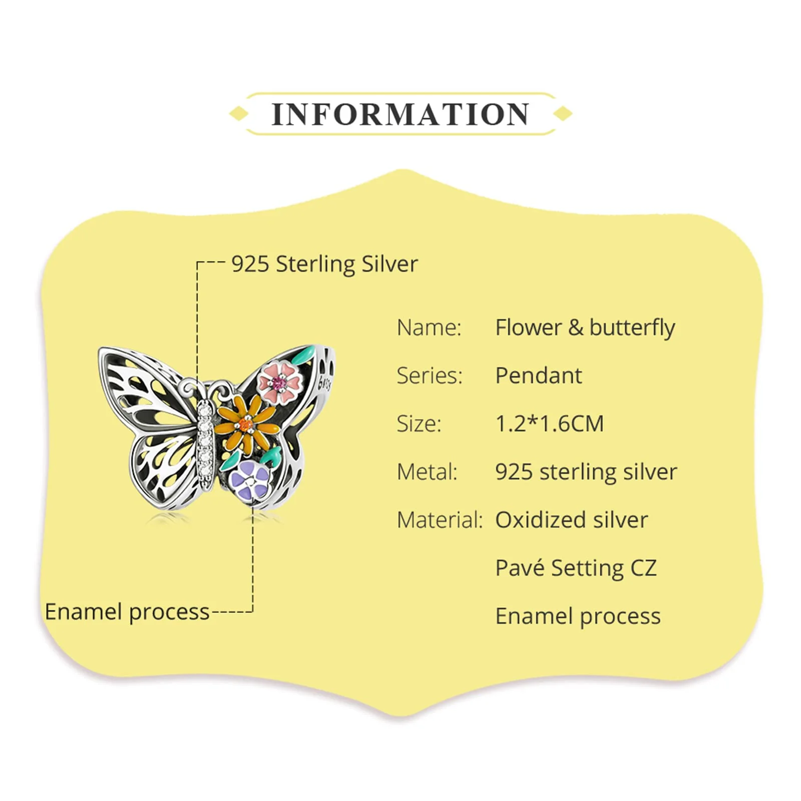 Colorful Butterfly Flowers Charm Bead 925 Sterling Silver Garland Sparkling Hollow Insect Element Charm Pendant for Bracelet Necklace Dainty Jewelry Gift for Women Girls