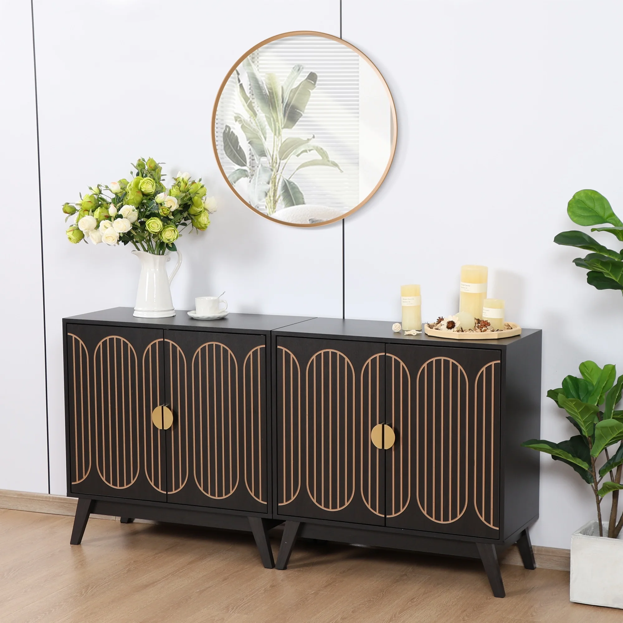 LEFHDA 2PCS Buffet Cabinet, Sideboard Cabinet with Storage, Accent Storage Cabinet with Carved Arc Door Design for Kitchen Dining Room, 2 Doors Buffet Cabinet with Adjustable Shelves - Image 70