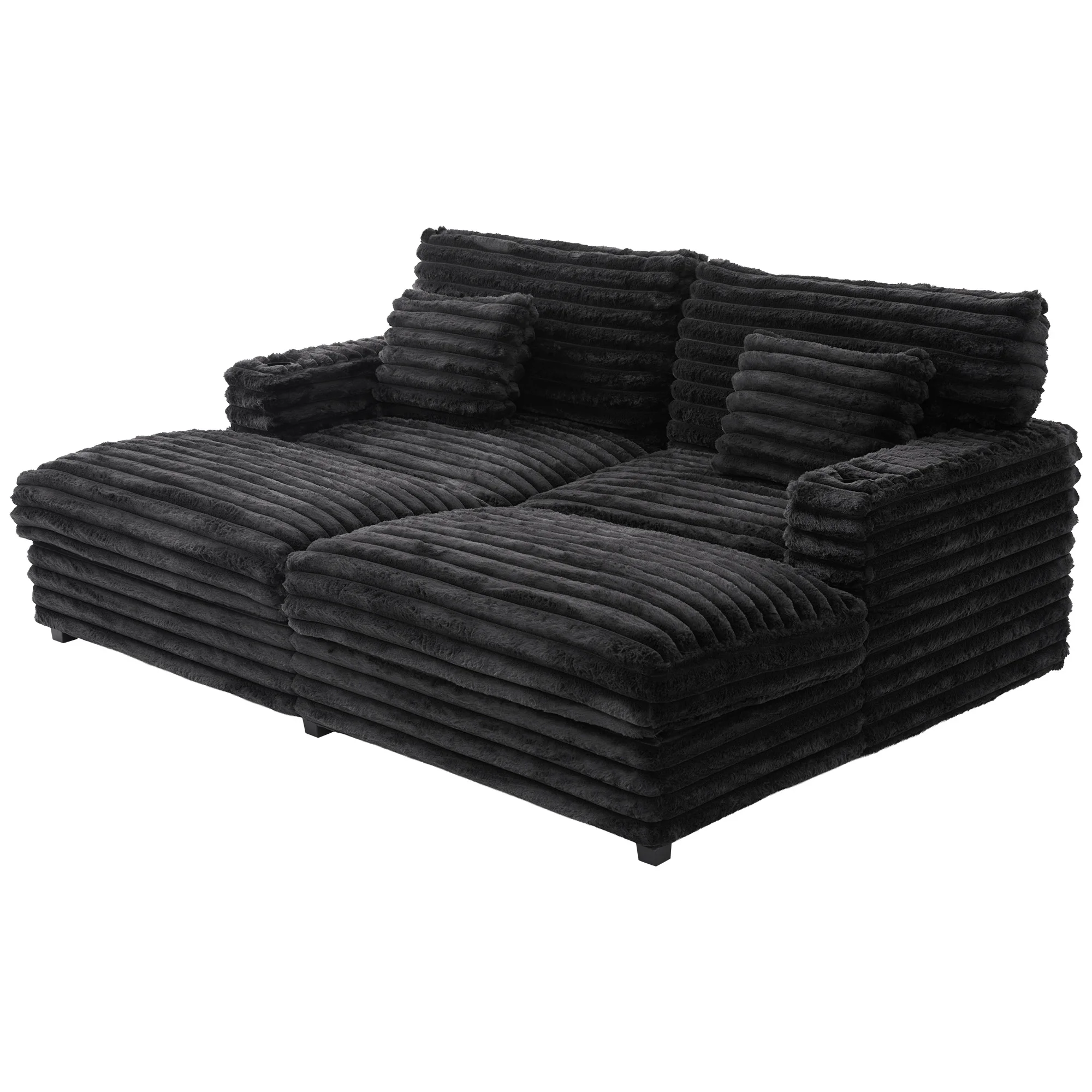 Oversized Double Chaise Lounge, Faux Fur Upholstered Deep Seat Sofa with 2 Pillows, 2 Cupholders, and Dual USB Ports - Image 29