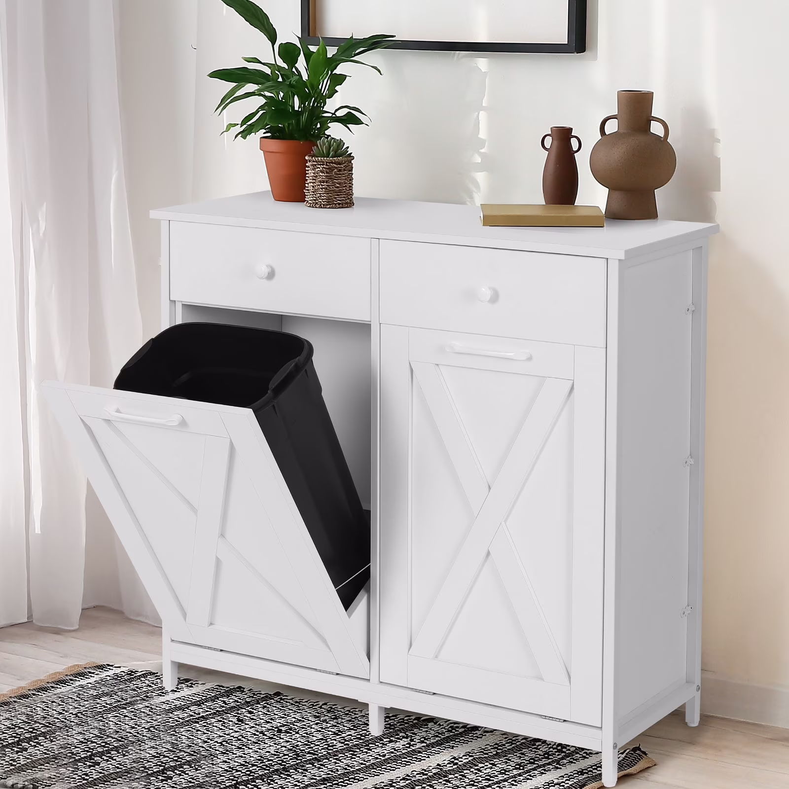 Pirecart 20 Gallon Double Tilt Out Trash Cabinet Wood Hidden Storage Cabinet, Recycling Cabinet with 2 Drawers, Black - Image 5