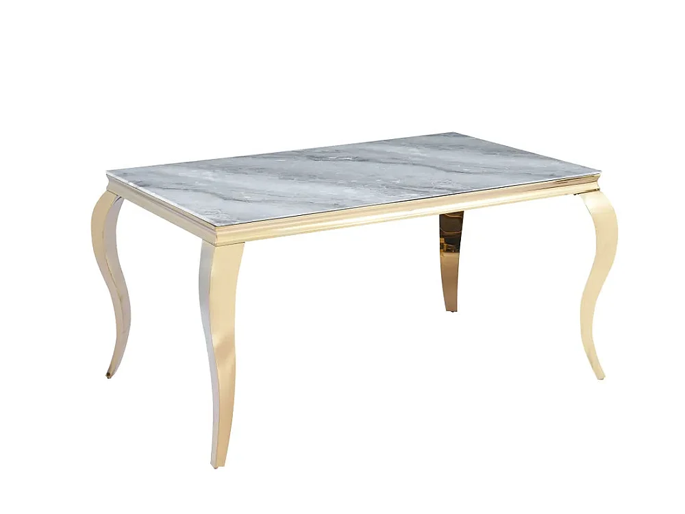 Table à manger verre marbré greige pieds acier doré 180x90 cm BAROQUE