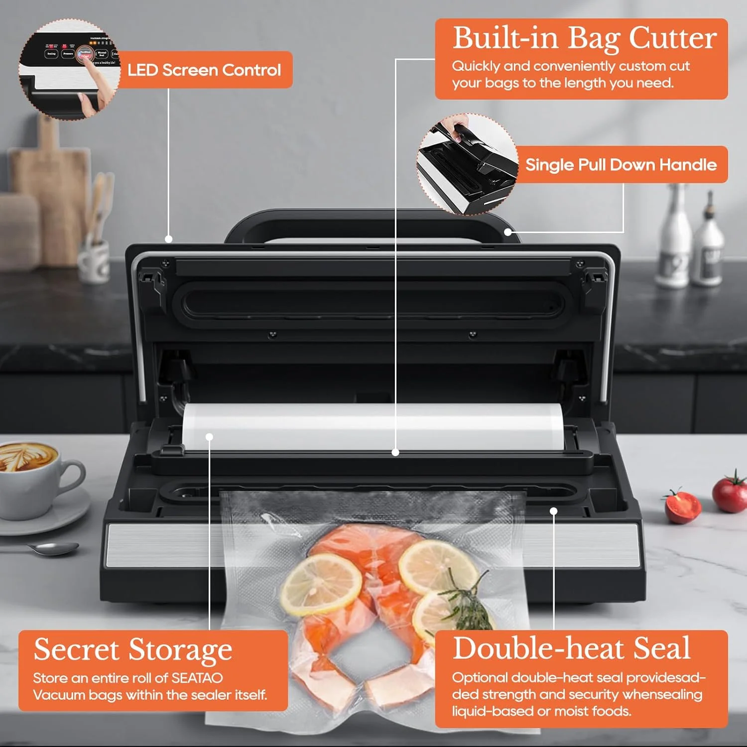 Upgraded Vacuum Sealer for Liquid, 90Kpa Vacuum Sealer Machine for Dry/Moist/Liquid Food, Easy-Lock Handle, Double Heat Seal, Built-in Cutter and Bag Storage & Removable Drip Tray - Image 5