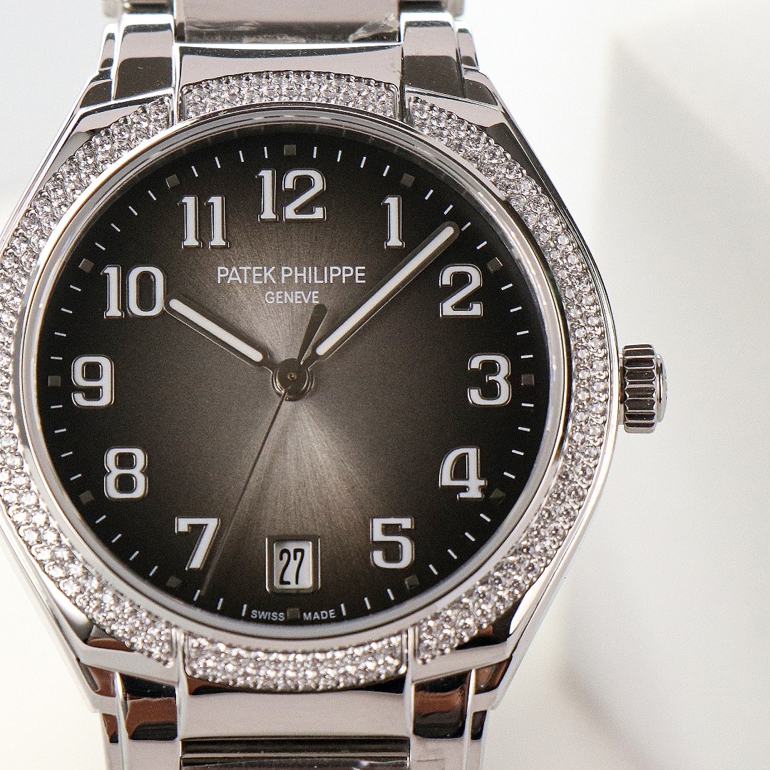 Fake Diamond Watch Replica Patek Philippe Twenty~4 Ladies Stainless Steel Grey Sunburst Dial 7300/1200A-010(1:1 replica) - Top club