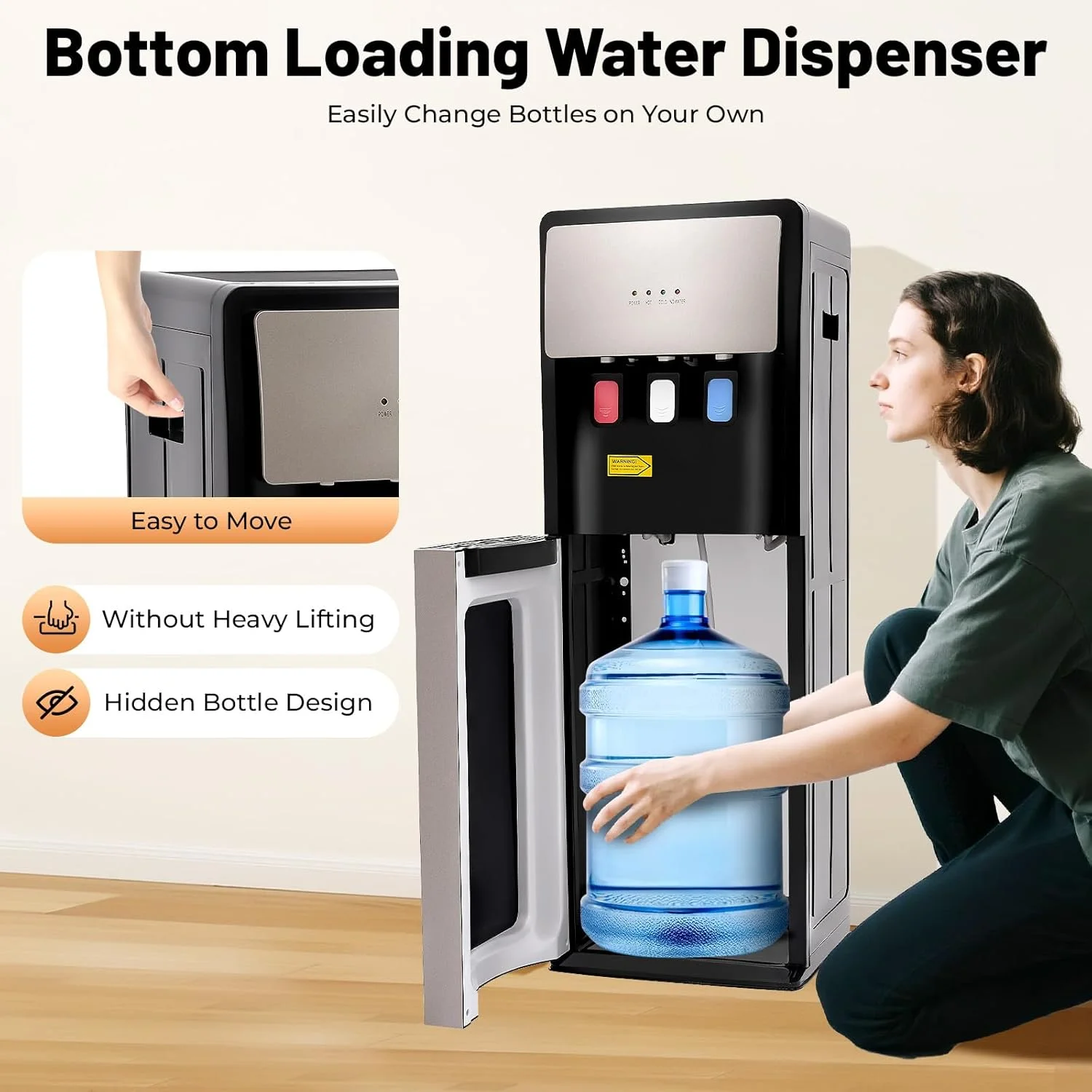 Bottom Loading Water Dispenser for 5 Gallon Bottle, 3 Temperature Settings (Hot, Room & Cold Water), 110V US Plug, 5L/H Rapid Heating, 0.53Gal/H Cooling, Anti-Scald Design for Home/Office (Grey) - Image 3