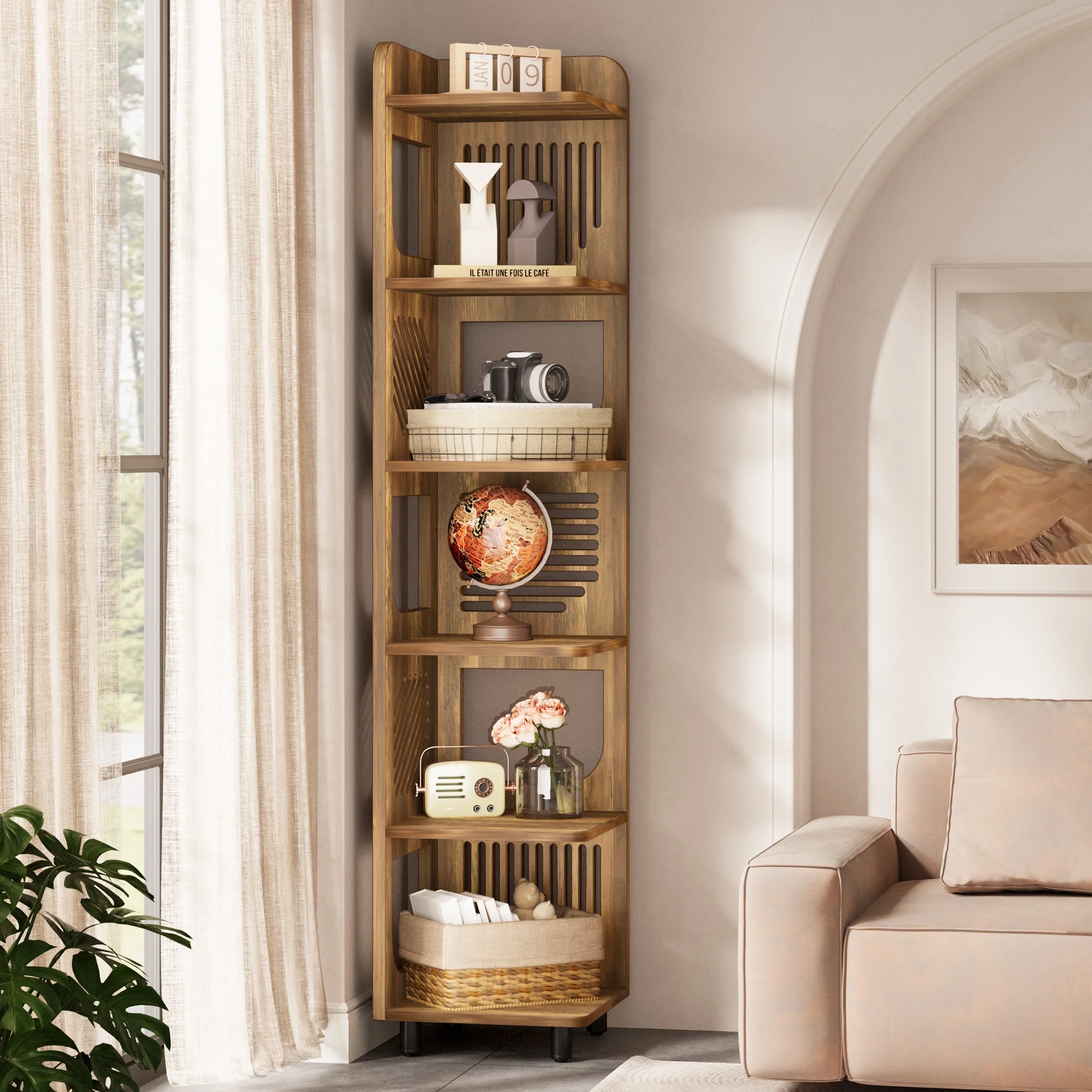 Fnova 71" 6-Tier Tall Corner Bookshelf, Rustic Wooden Narrow Corner Bookcase with Artistic Square Rack, Freestanding Display Storage Shelf for Space-Saving Home Organizing - Image 25
