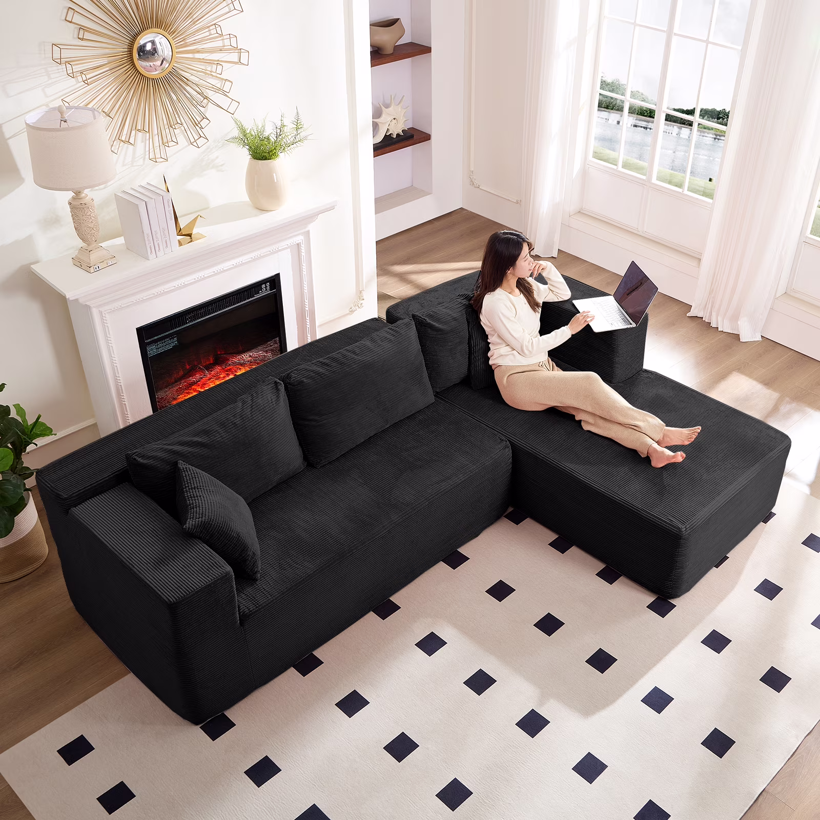 ZAFLY 106" Cloud Sectional Couch with Chaise, No Assembly Required L Shaped Sleeper Sofa, Oversized Deep Seat Modular Couches and Sofas for Living Room - Right, Black