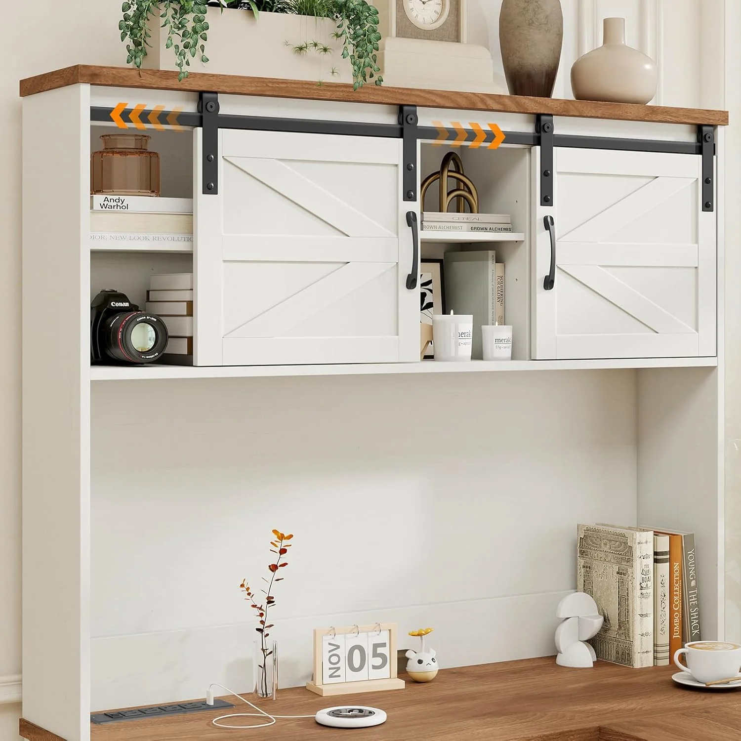 Vabches 68" H L Shaped Desk and Hutch with Storage, Office Desk with Drawers, Charging Station, Sliding Doors, Unique White - Image 3
