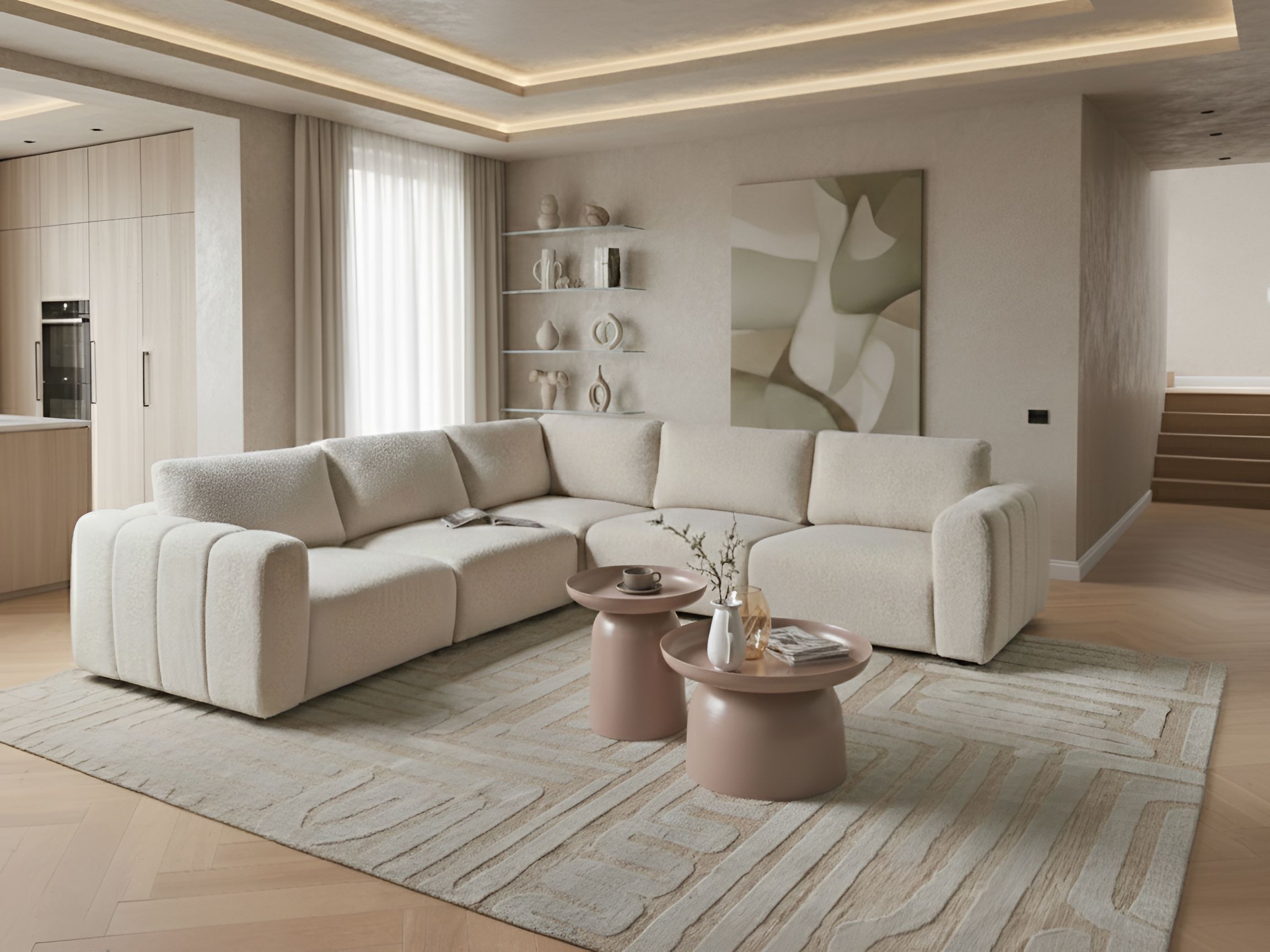 Modular Corner Sofa 5 Seater KIVVIK Boucle Off-White Right Hand