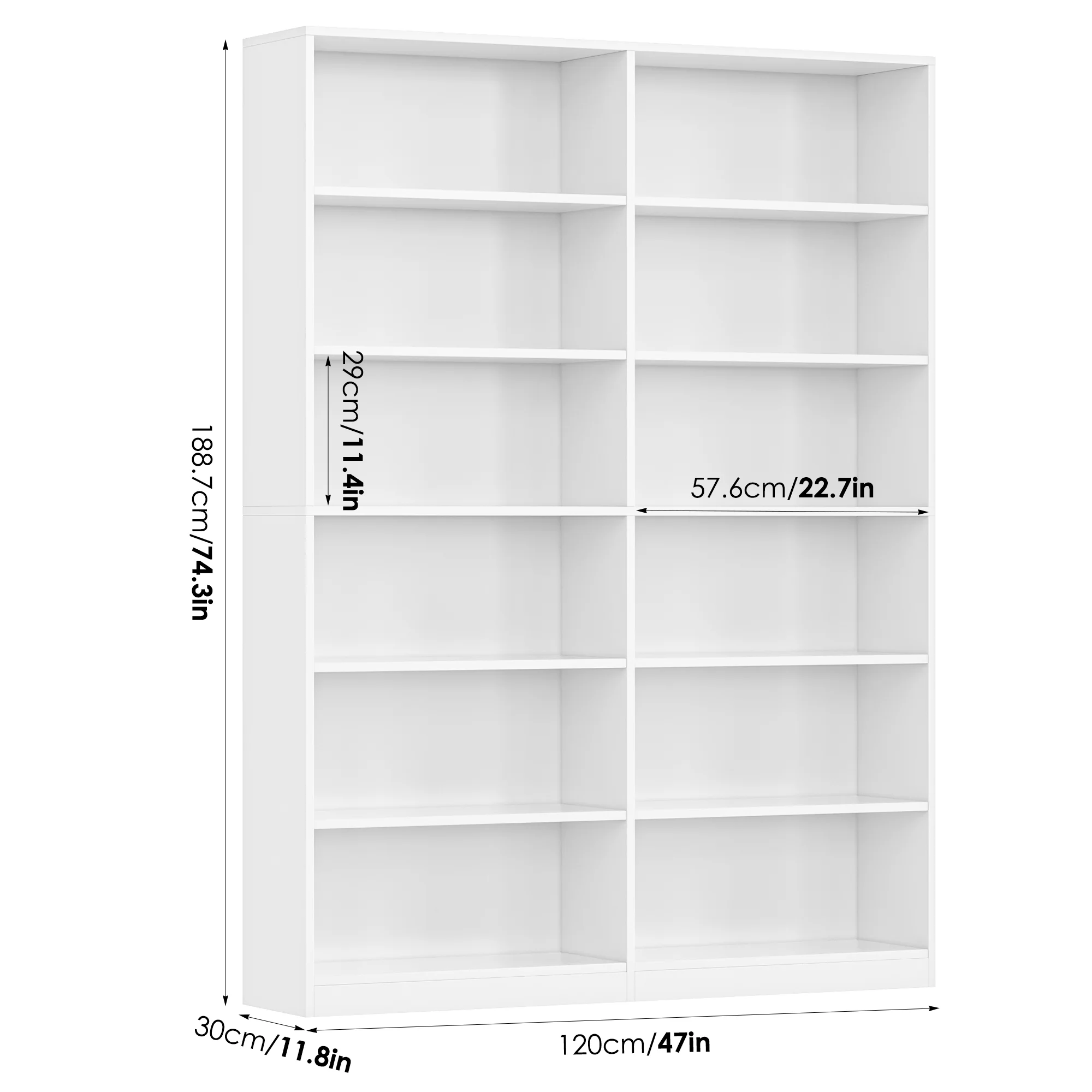 Homfa 74.3�� Double Wide 6-Tier Bookcase, Extra Large Wooden Freestanding Display Bookshelf for Home Office Living Room, White - Image 8