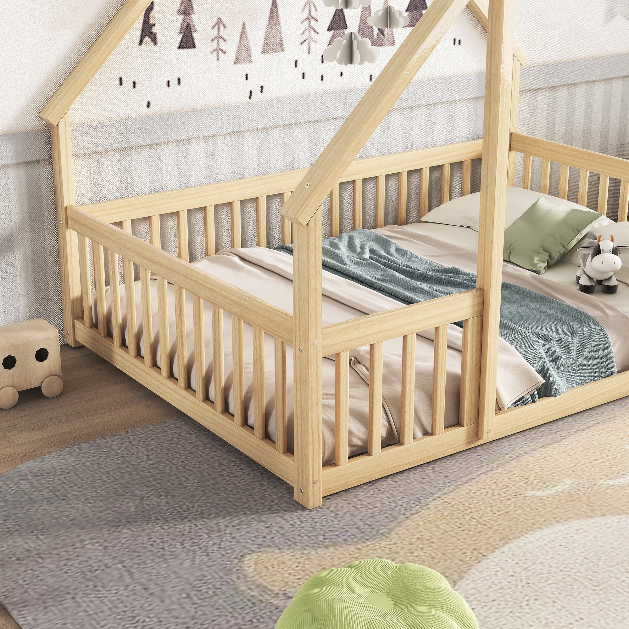 Bellemave Twin Size Floor Bed Frame, Wooden House Bed Twin Size with Fence, Montessori Bed with Guardrails for Bedroom (White) - Image 47