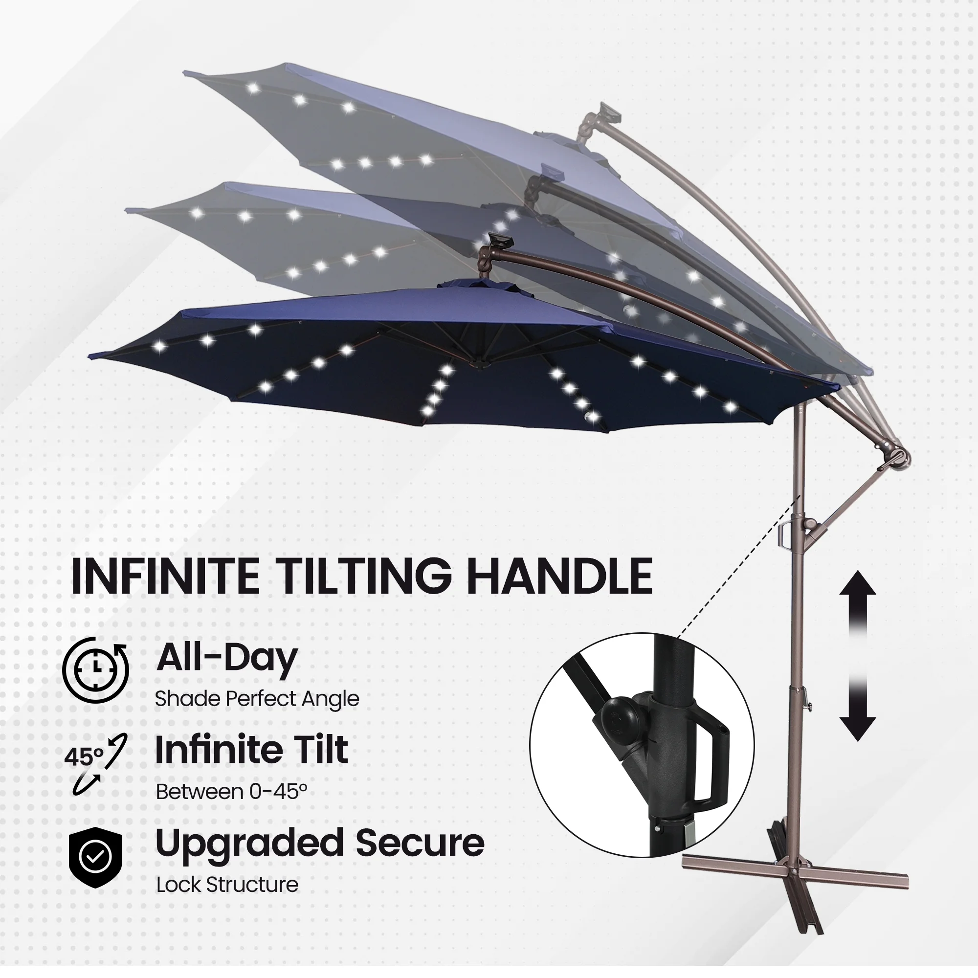 Mondawe 10ft Solar Lights Offset Cantilever Patio Umbrella - with Light, LED Lighted Offset Hanging Patio Outdoor Market Umbrella UPF50+ UV Protection with Crank,Navy Blue - Image 6