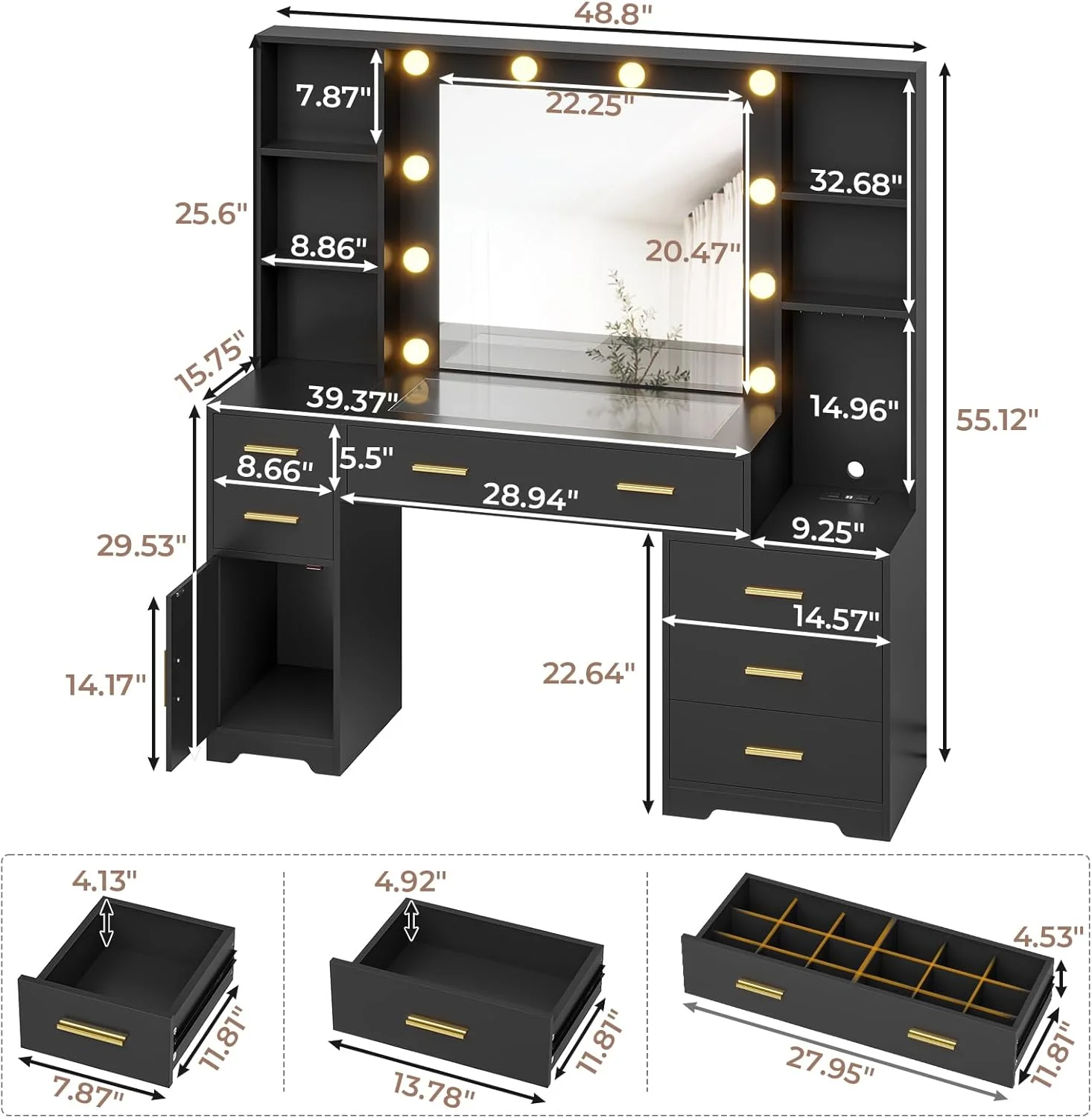 Makeup Vanity Desk with Lighted Mirror & Charging Stations & 6 Drawers Large Vanity Table Bedroom Dressing Table with Glass Tabletop&Side Cabinet&Glass Tabletop, Black - Image 9