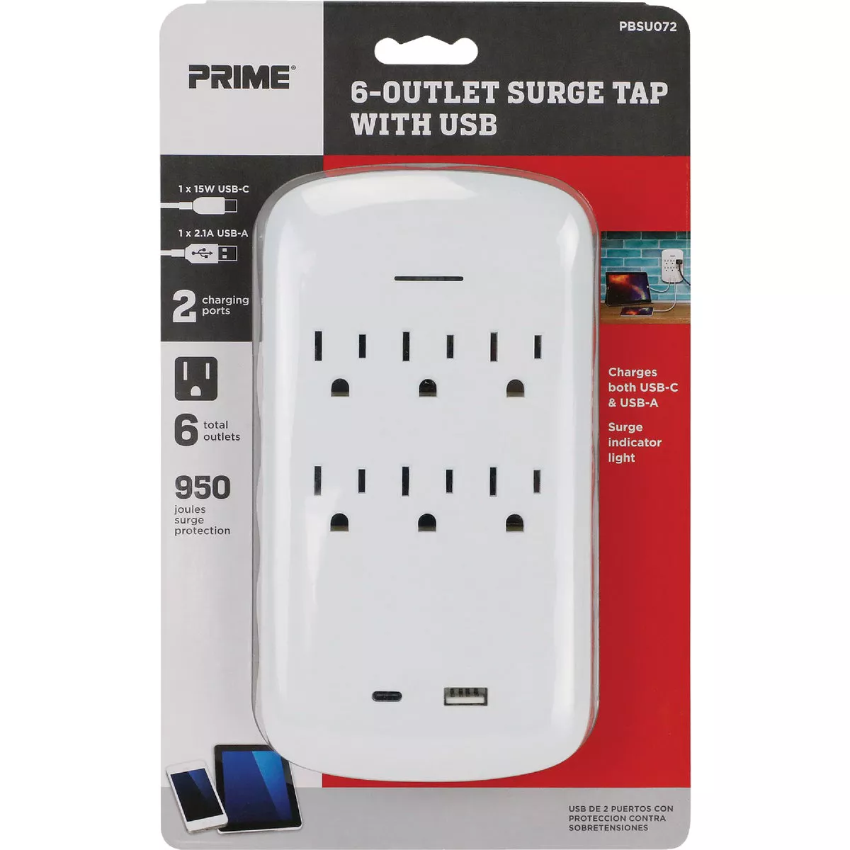 Prime Wire & Cable White 15A 6-Outlet Surge Tap with USB-A & USB-C
