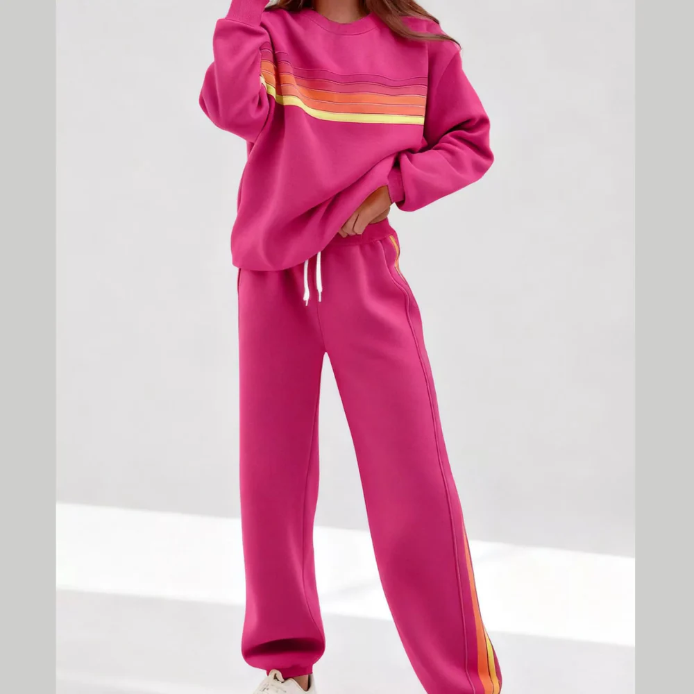 Striped Round Neck Sweatshirt and Pants Set - ZKZOOK
