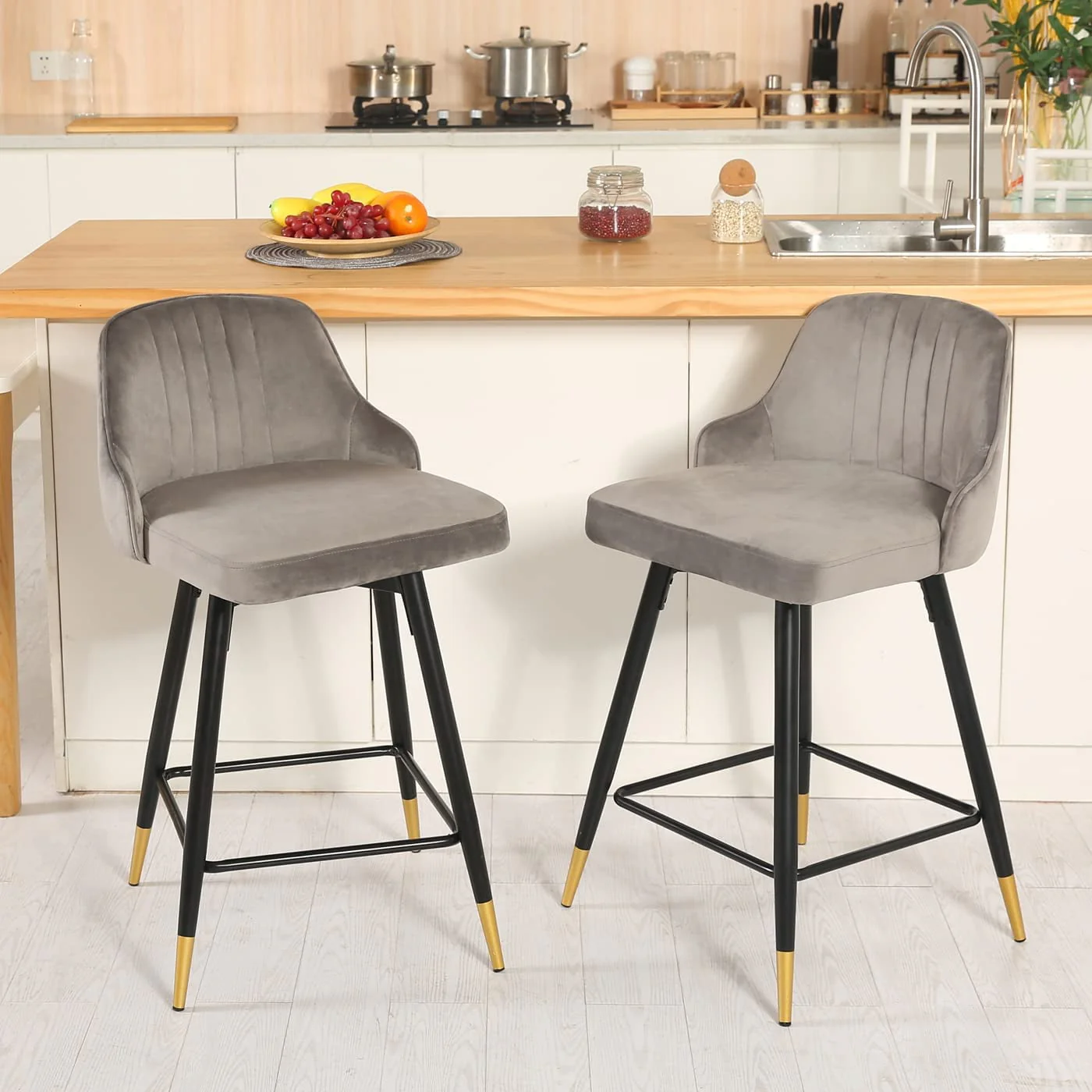 EiweLive 25'' Swivel Bar Stools with Back Set of 4, Gray Velvet Counter Height Stools for Kitchen Island, Pub - Image 6