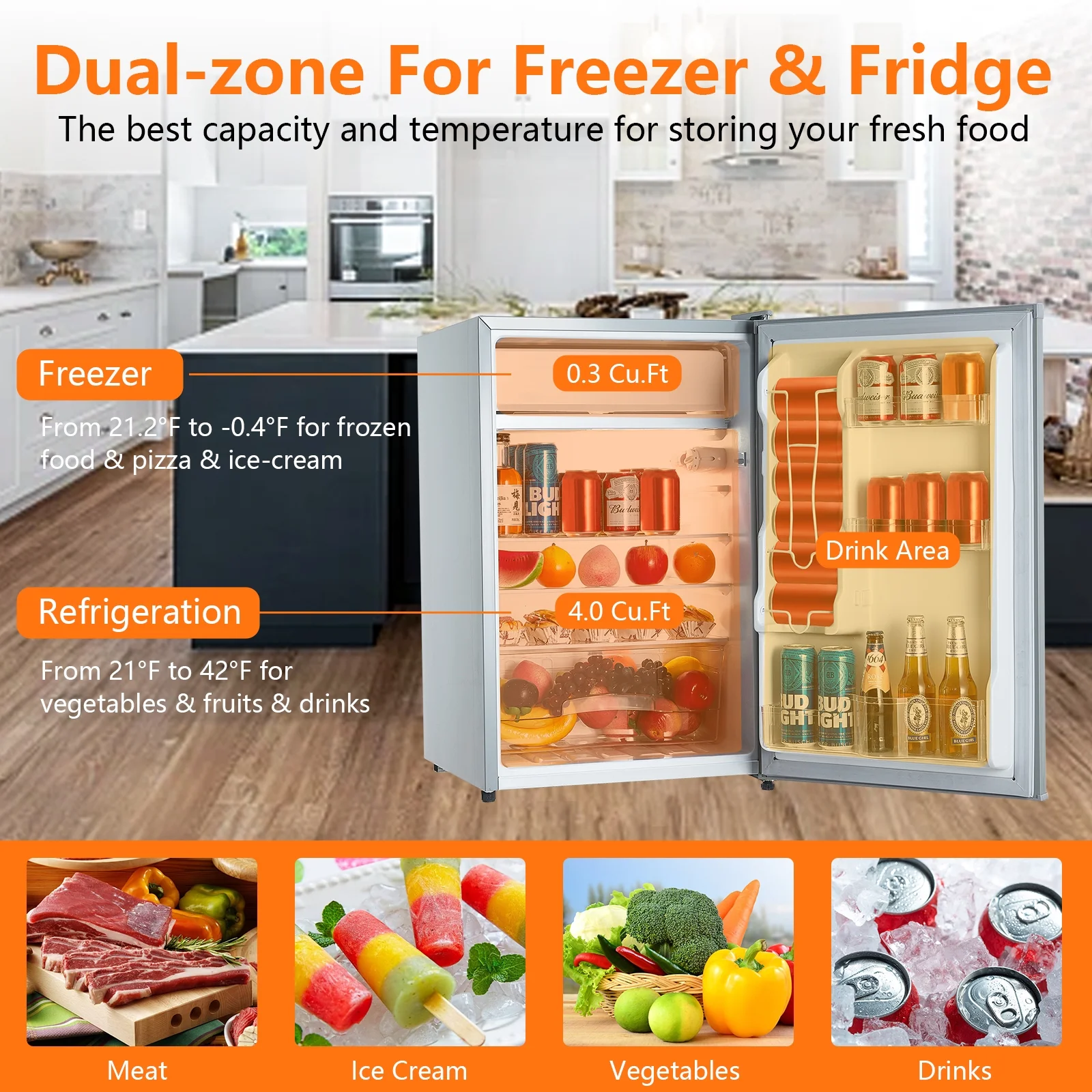 2024 Summer New 4.3 Cu.Ft Single Mini Refrigerator-Freezer Compartment-Adjustable Thermostat Control-Reversible Doors-Ideal for Dorm, Office, Rv, Garage, Apartment