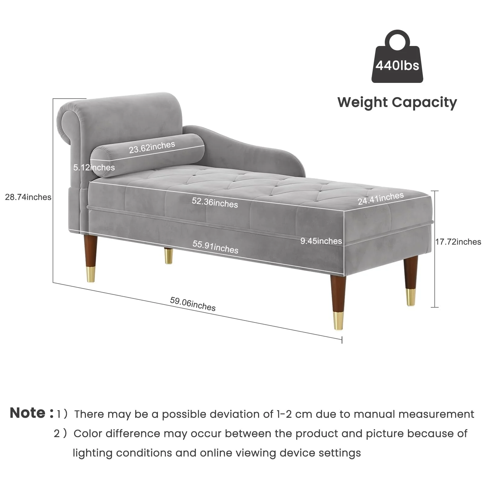Vesgantti Velvet Chaise Lounge,59" Modern Upholstered Lounge Chair Indoor with Round Armrest Lumbar Pillow, Single Sofa for Living Room Bedroom Office,Grey - Image 6