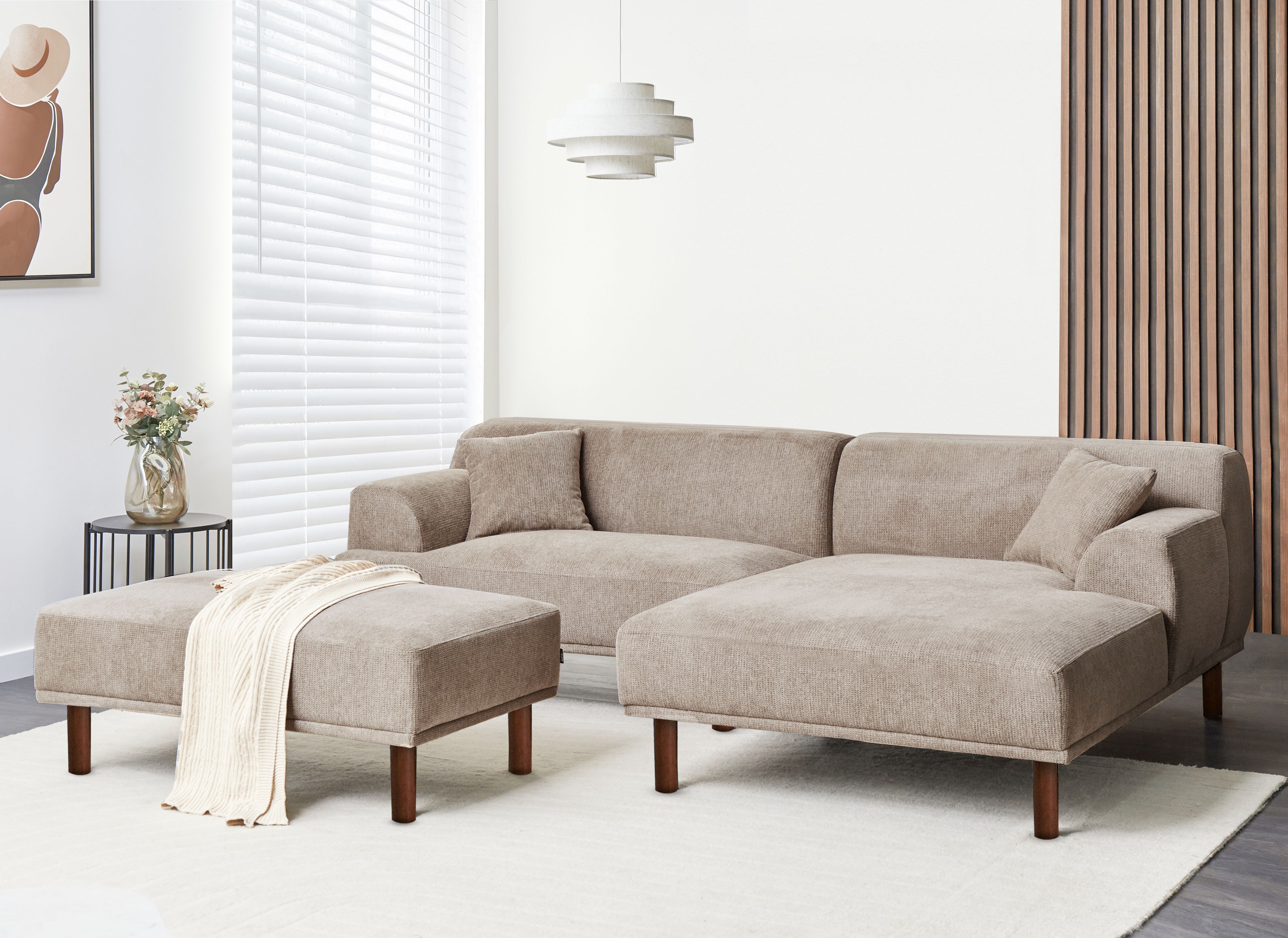 Corner Sofa 3 Seater HOLT Fabric Taupe with Ottoman Left Hand