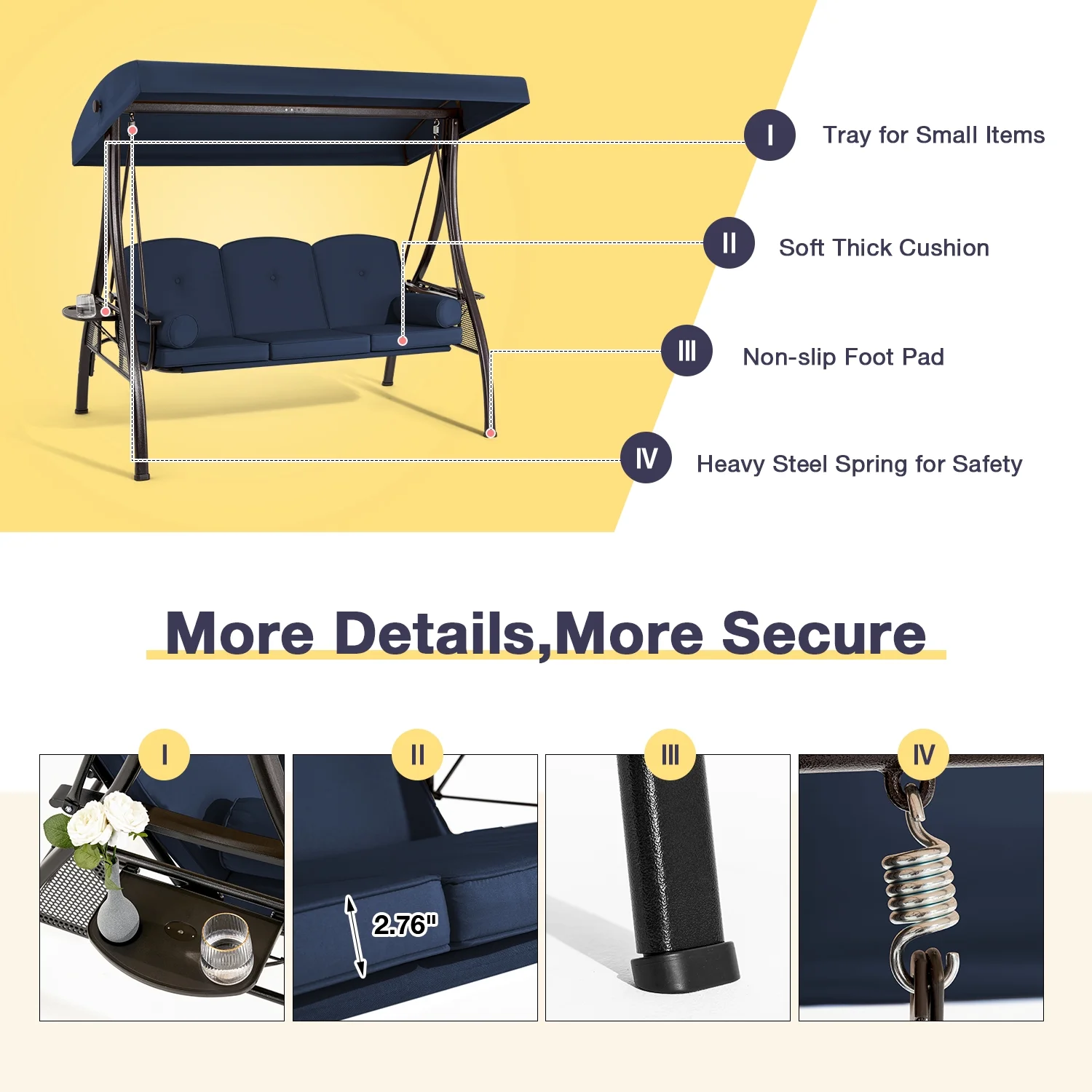 Homrest 3 Person Patio Outdoor Porch Swing with Adjustable Canopy, Backrest, Swing Bed with Stand for Garden,Deck - Image 32