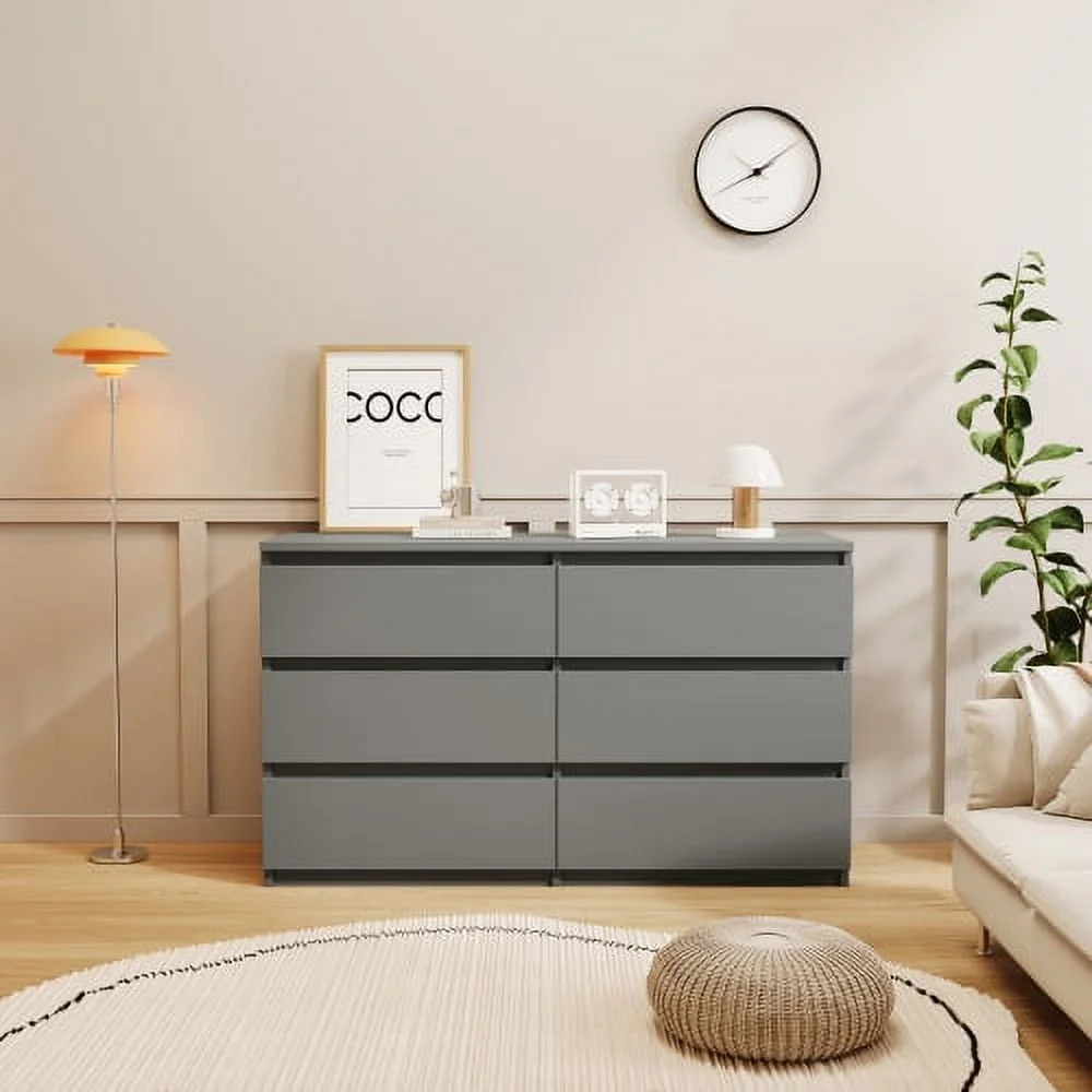 Double Dresser with 6 Drawer, Wood Storage Cabinet with Cut-Out Handles, Chest of Drawers for Bedroom, Living Room, Hallway and Entryway, Gray