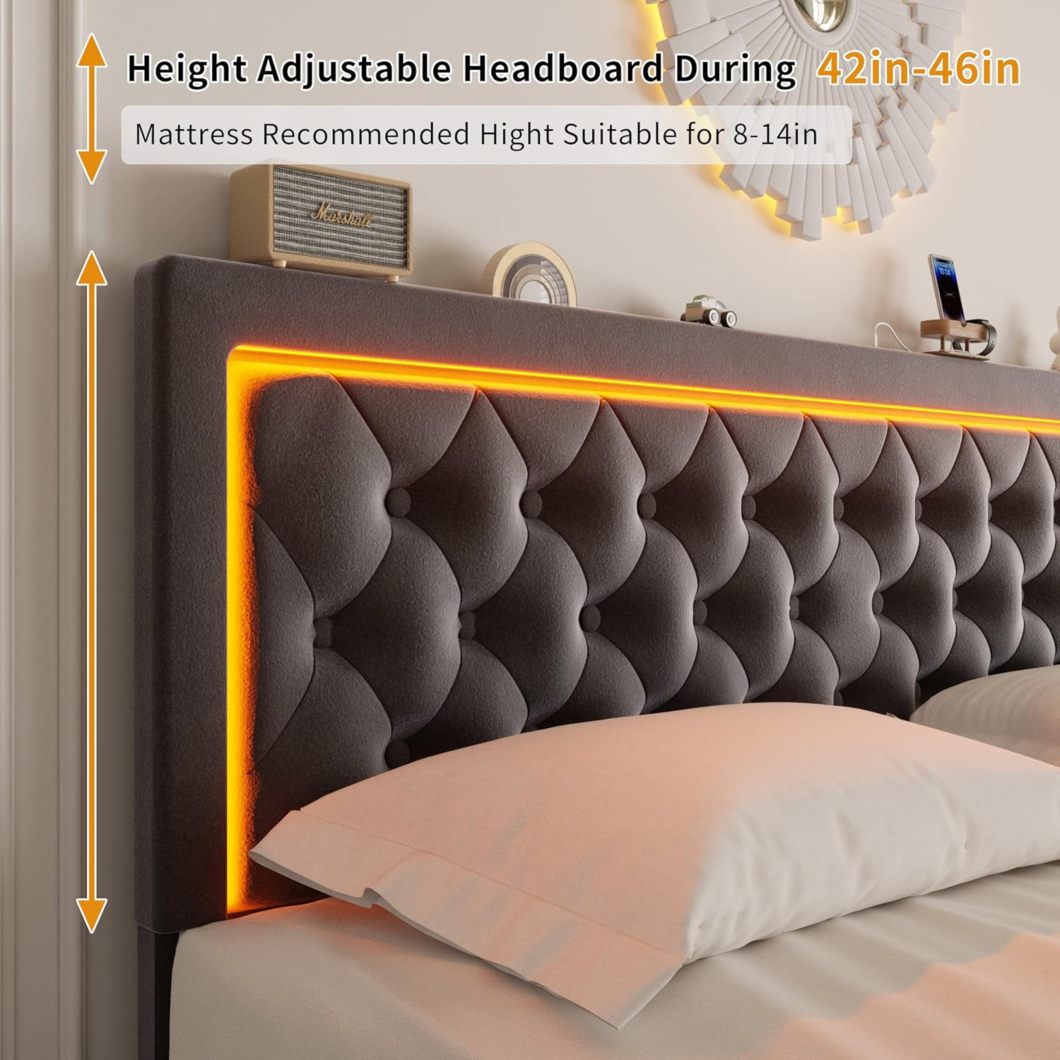Queen Bed Frame with 4 Storage Drawers, Velvet Upholstered Bed Frame Queen Size with Charging Station and LED Lights, 46