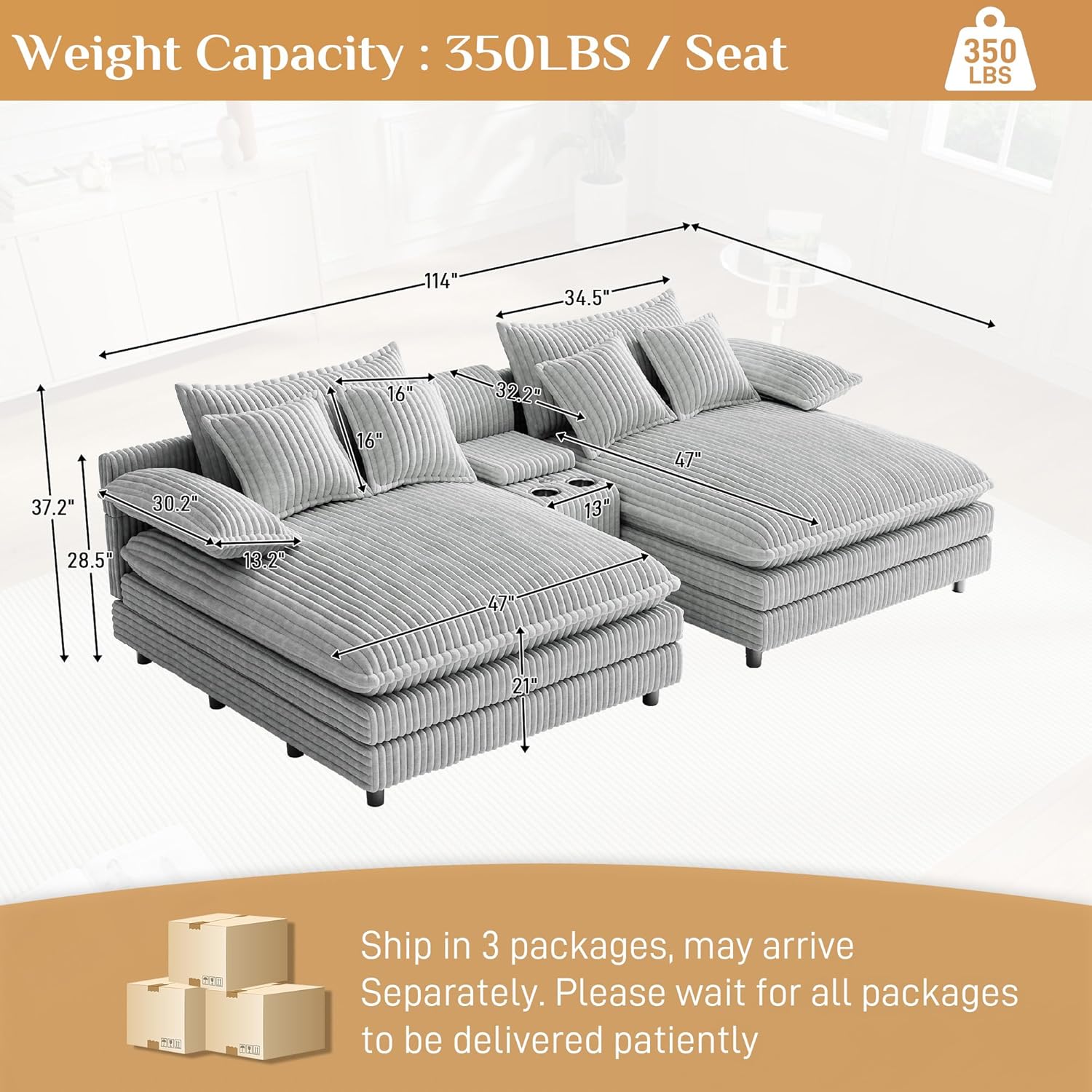 Oversized Chaise Lounge Chair Indoor with Cup Holders, Fast Charging USB, Storage & Adjustable Backrest, 114