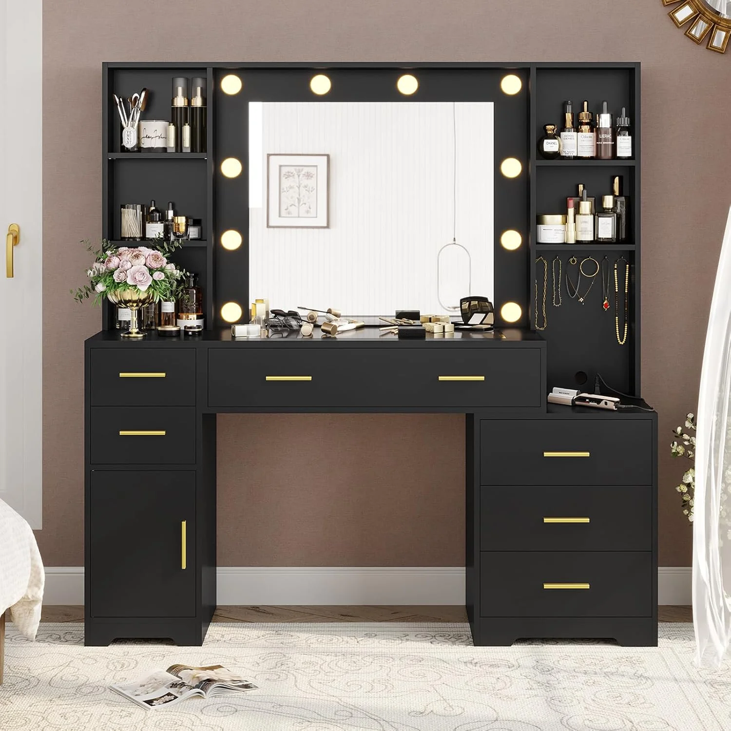 Makeup Vanity Desk with Lighted Mirror & Charging Stations & 6 Drawers Large Vanity Table Bedroom Dressing Table with Glass Tabletop&Side Cabinet&Glass Tabletop, Black - Image 11