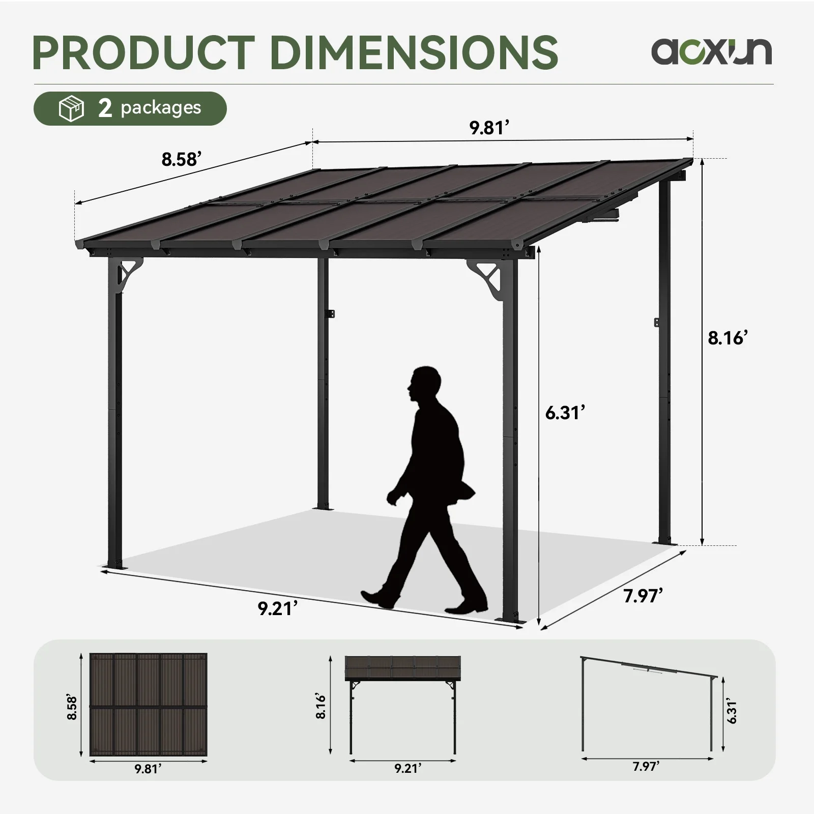 Aoxun 8' x 5' Gazebo for Patio, Gazebo Pergola with Sloped Roof, Grill Gazebo Large Wall-Mounted Heavy Duty Awnings, for Backyard, Deck, Patio - Image 57