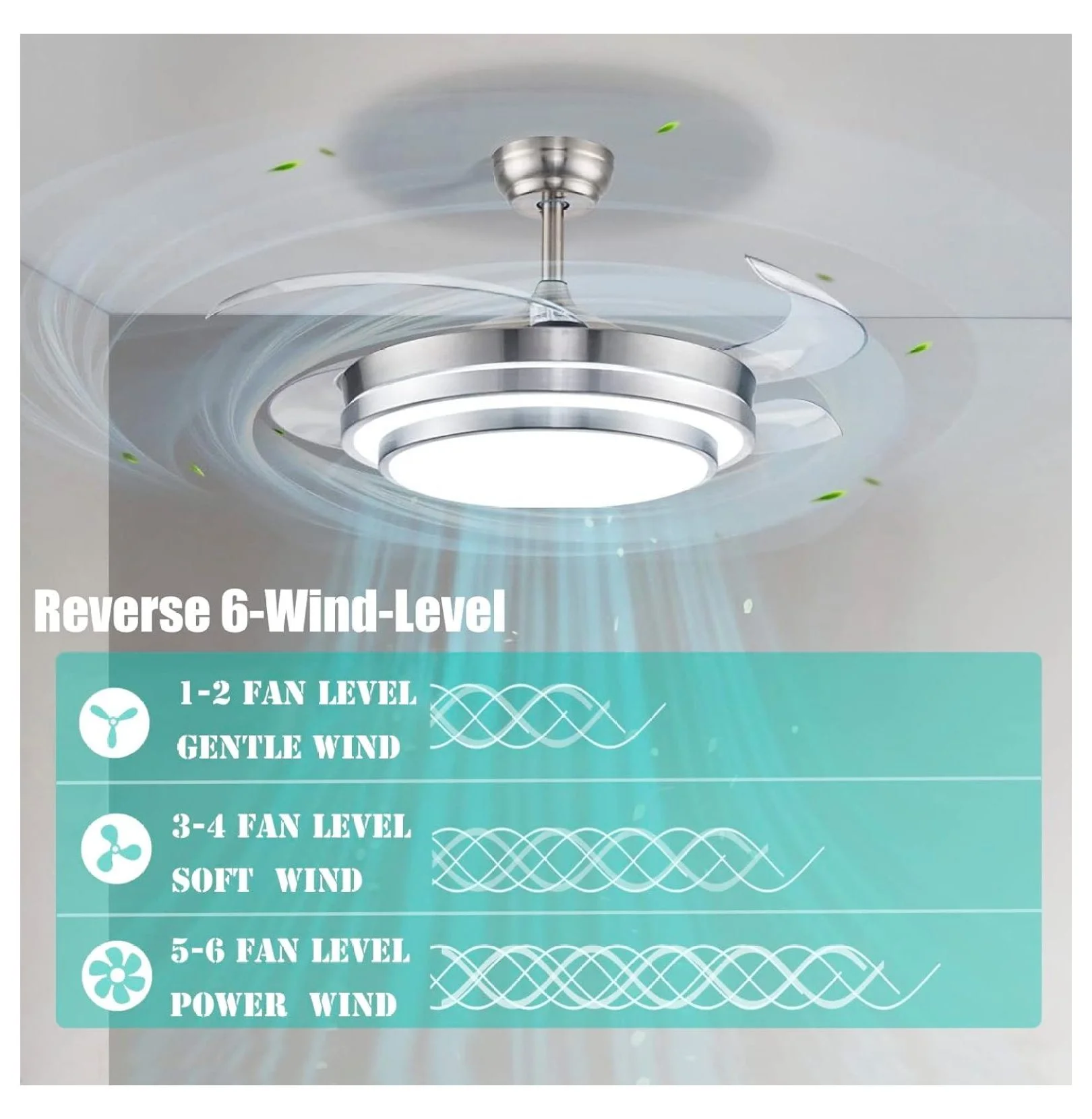 XylehR 42" Modern Ceiling Light with Fans Control, 4 Retractable Blades with 3 Light Color Change Ceiling Fan for Living Bedroom Restaurant, Silver Color with Silent Motor (42In-1 Update) - Image 6