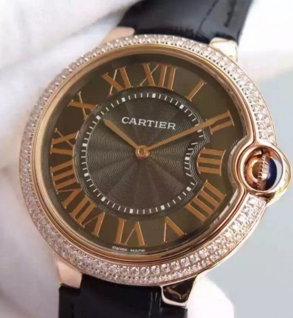 Replica Cartier Ballon Bleu 40mm RG Diamonds Bezel Black Dial Leather Strap MIYOTA9015 - Elite Watch Atelier