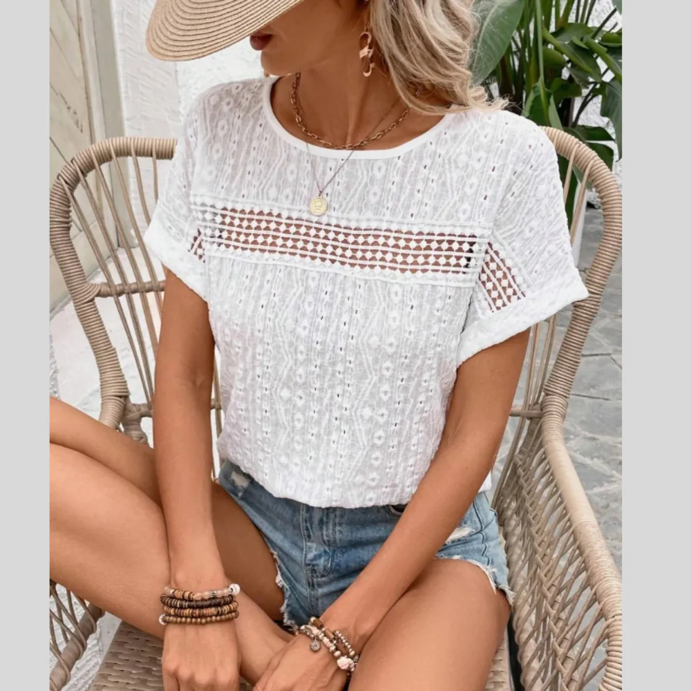 Eyelet Embroidered Round Neck Short Sleeve Top - ZKZOOK