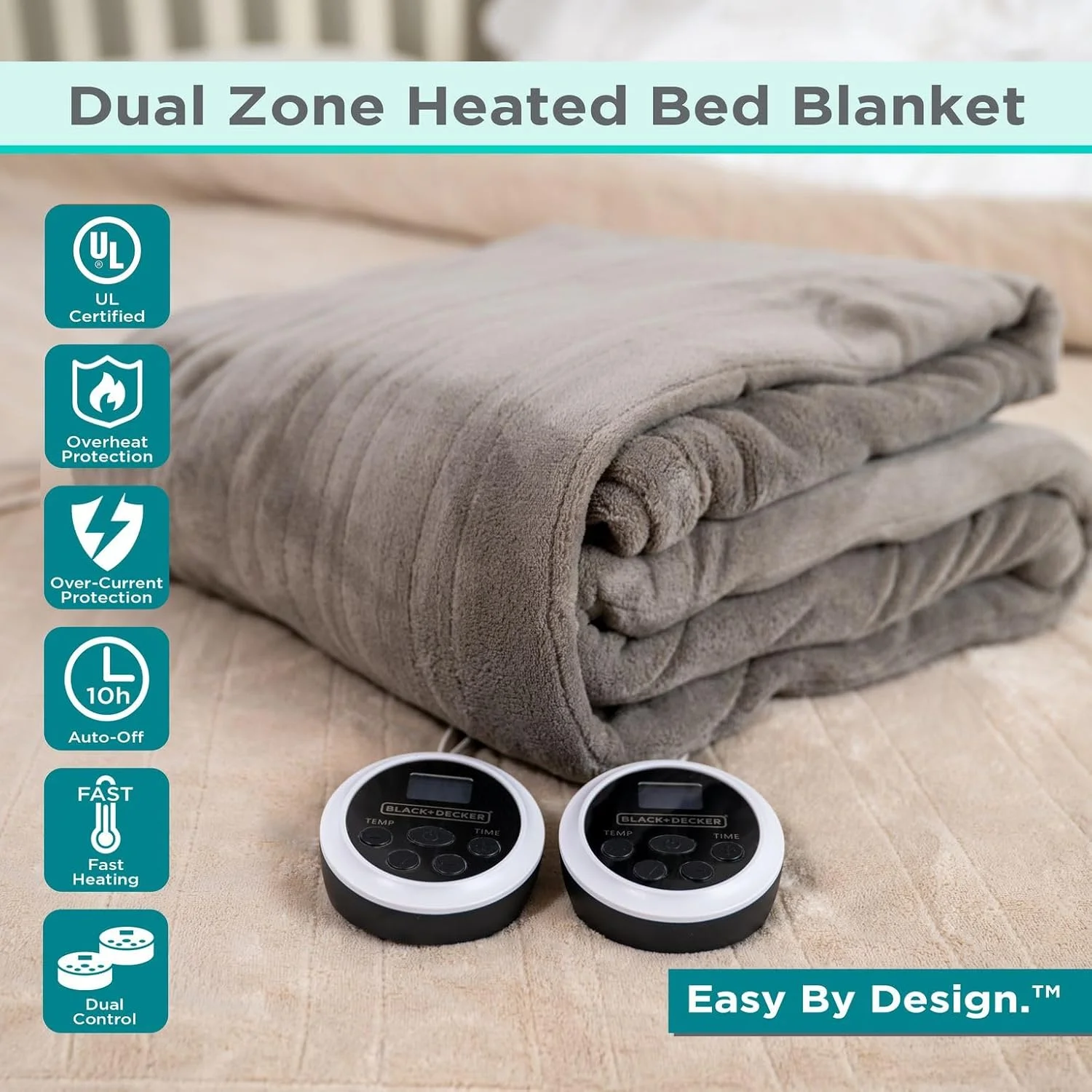 BLACK+DECKER Heated Blanket Electric King, 10 Heating Levels, 10H Timer, Auto Shutoff, Dual Zone Heating, 90x100 inches, Grey