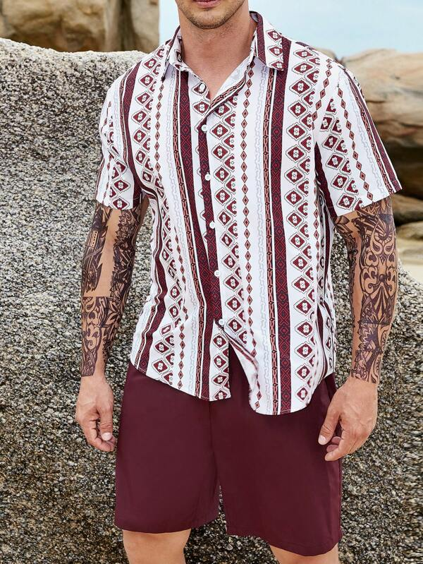 Suitmens Men's Hawaiian Print Short Sleeve Shirt Set 009