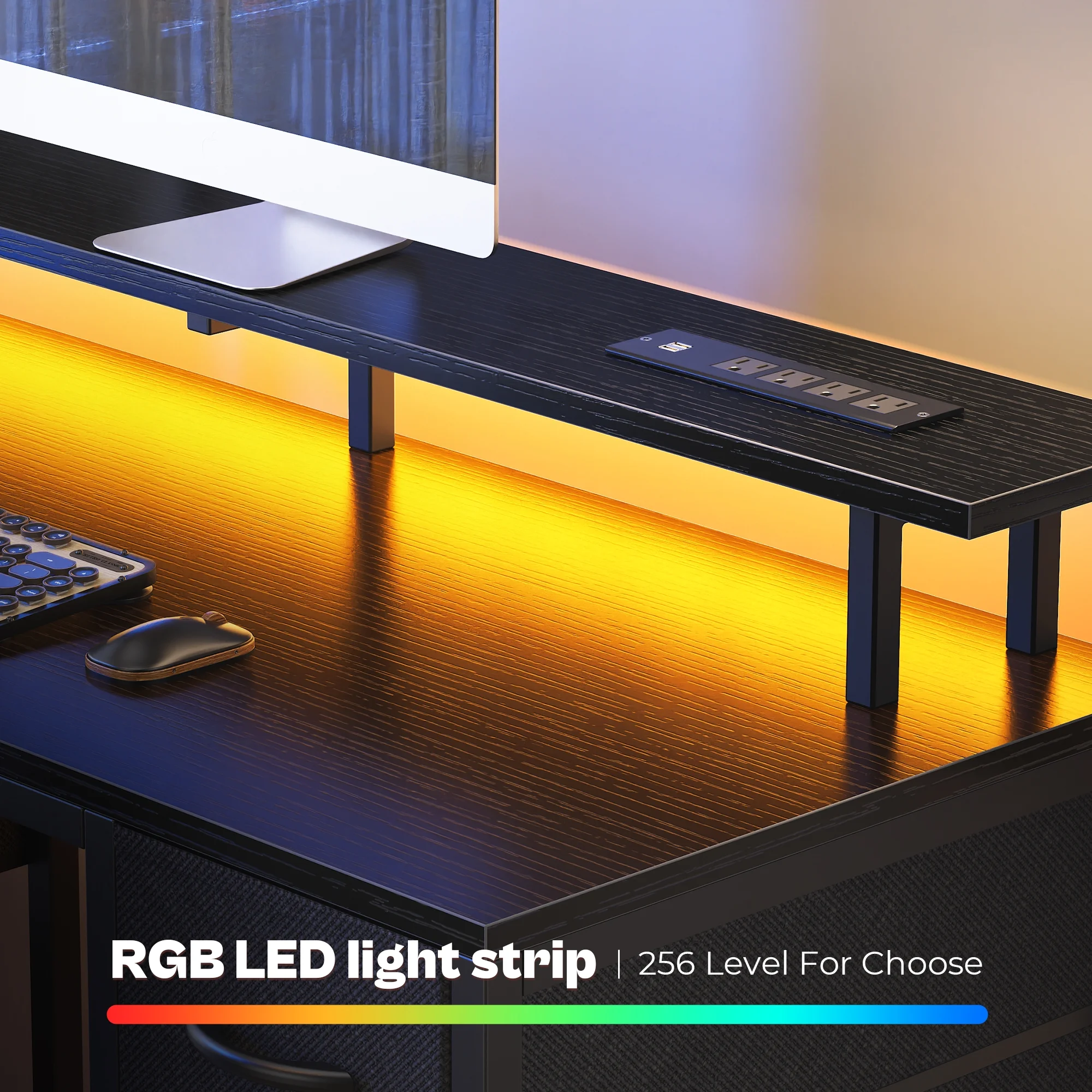 55.1" LED Gaming Desk with Drawers, Computer Desk with Outlets, Office Desk with 4 Drawers, Corner Desk, Writing Desk in White - Image 12