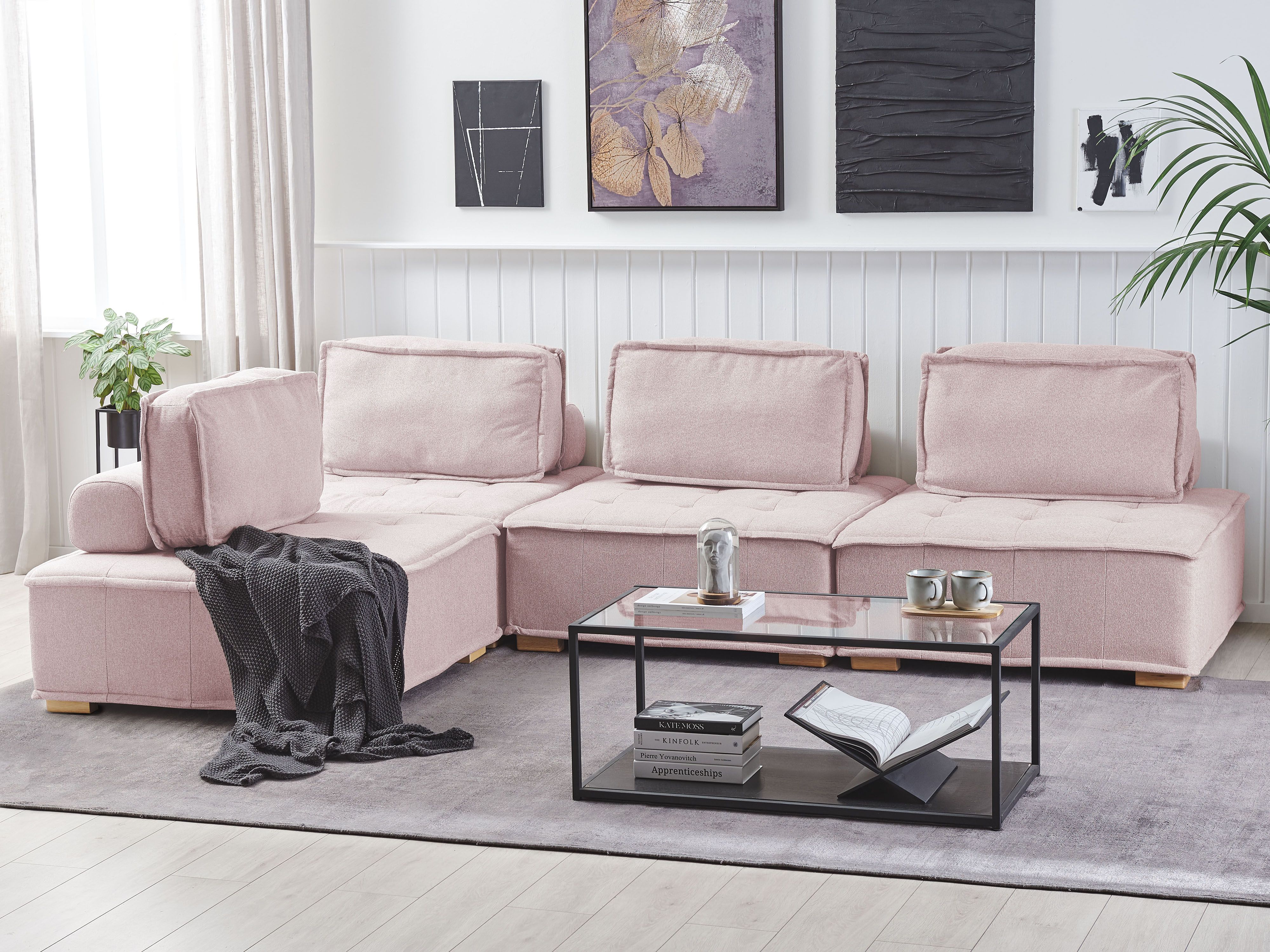 Modular Corner Sofa 4 Seater TIBRO Fabric Pink Right Hand