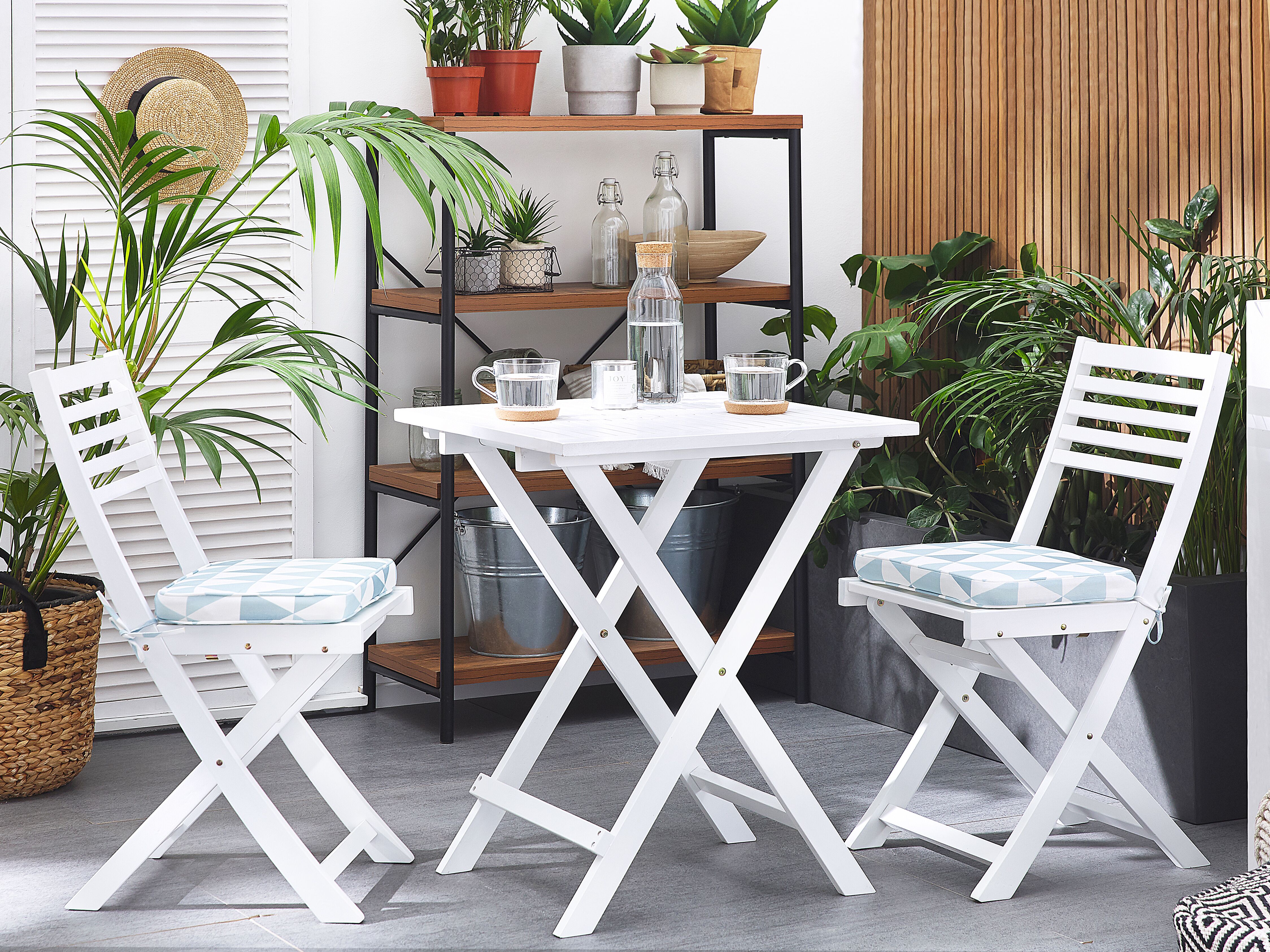 Bistro Set with Cushions Folding FIJI Acacia Wood Blue