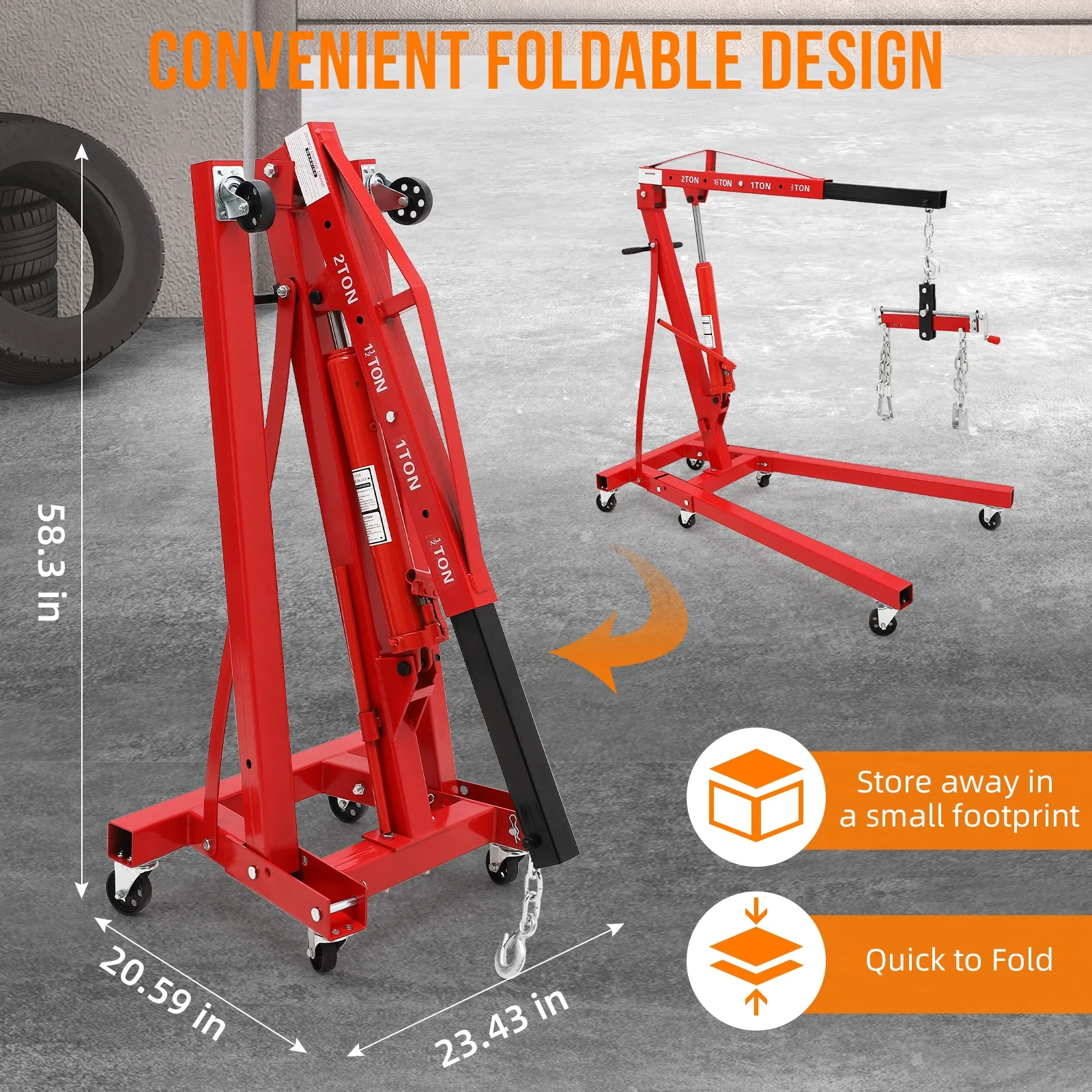 JoanKaren Hydraulic Engine Hoist,4400lbs Max Weight,Folding Engine Lift Shop Crane with Lever and 6 Steel Caster Wheels,Yellow - Image 20